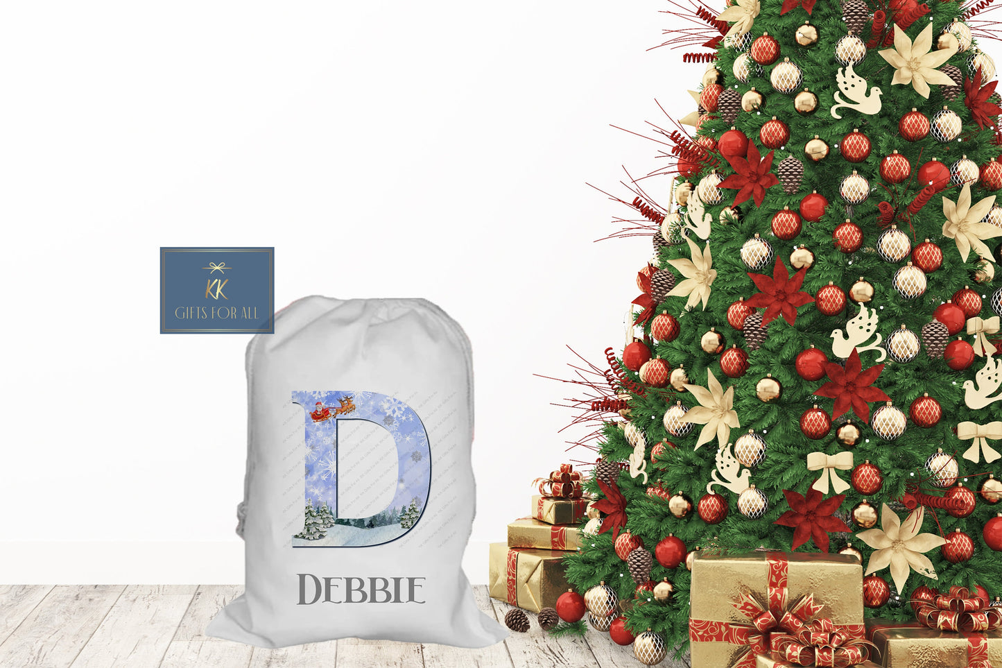 Christmas Santa Sack, Personalised Father Christmas Drawstring Bag, Initial Name Large Santa Sack