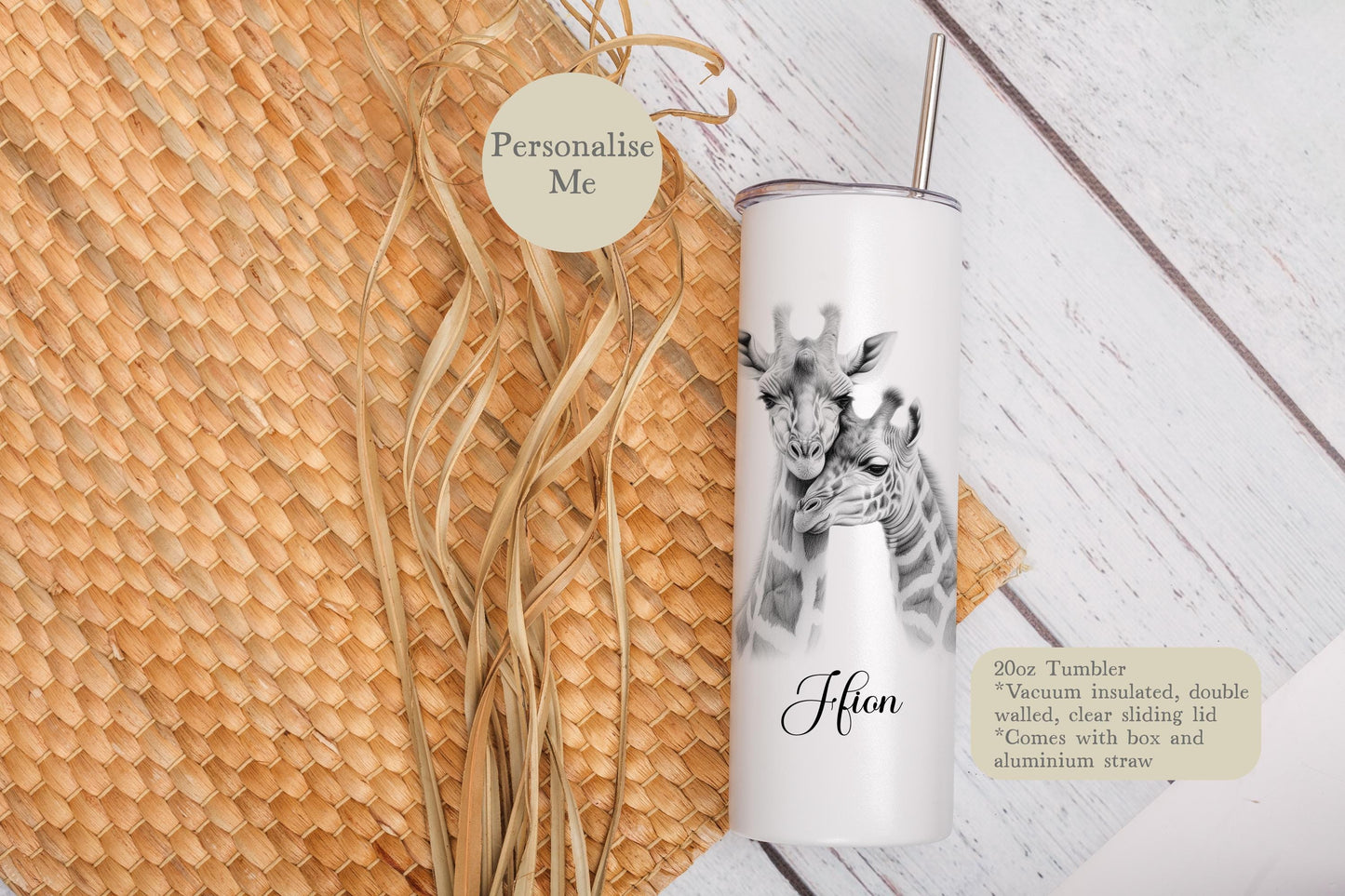 Giraffe Personalised 20oz Tumbler With Box & Aluminium Straw, Giraffe Gift For Woman Mum Nan Friend