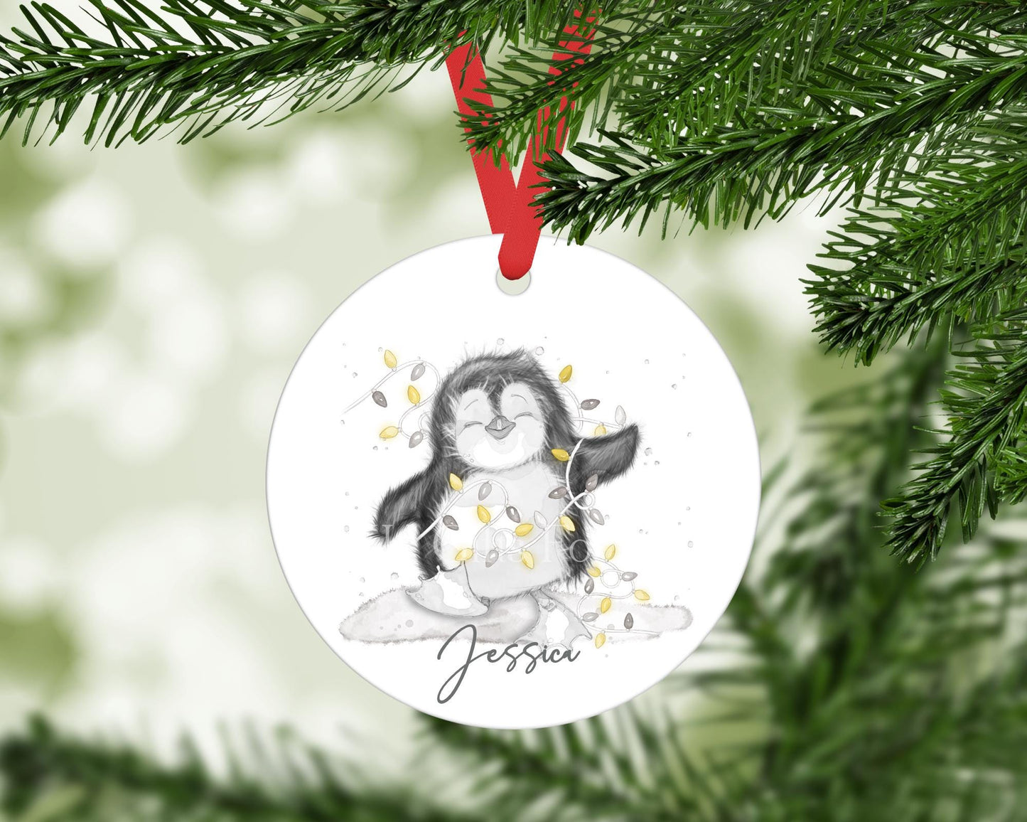 Penguin Christmas Ornament – Personalised Round Aluminium Tree Decoration