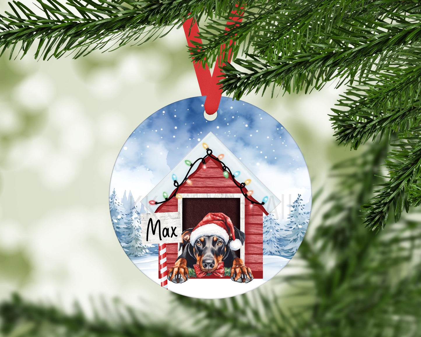 Personalised Christmas Doberman Tree Decoration, Doberman Dog Metal Christmas Hanging Ornament