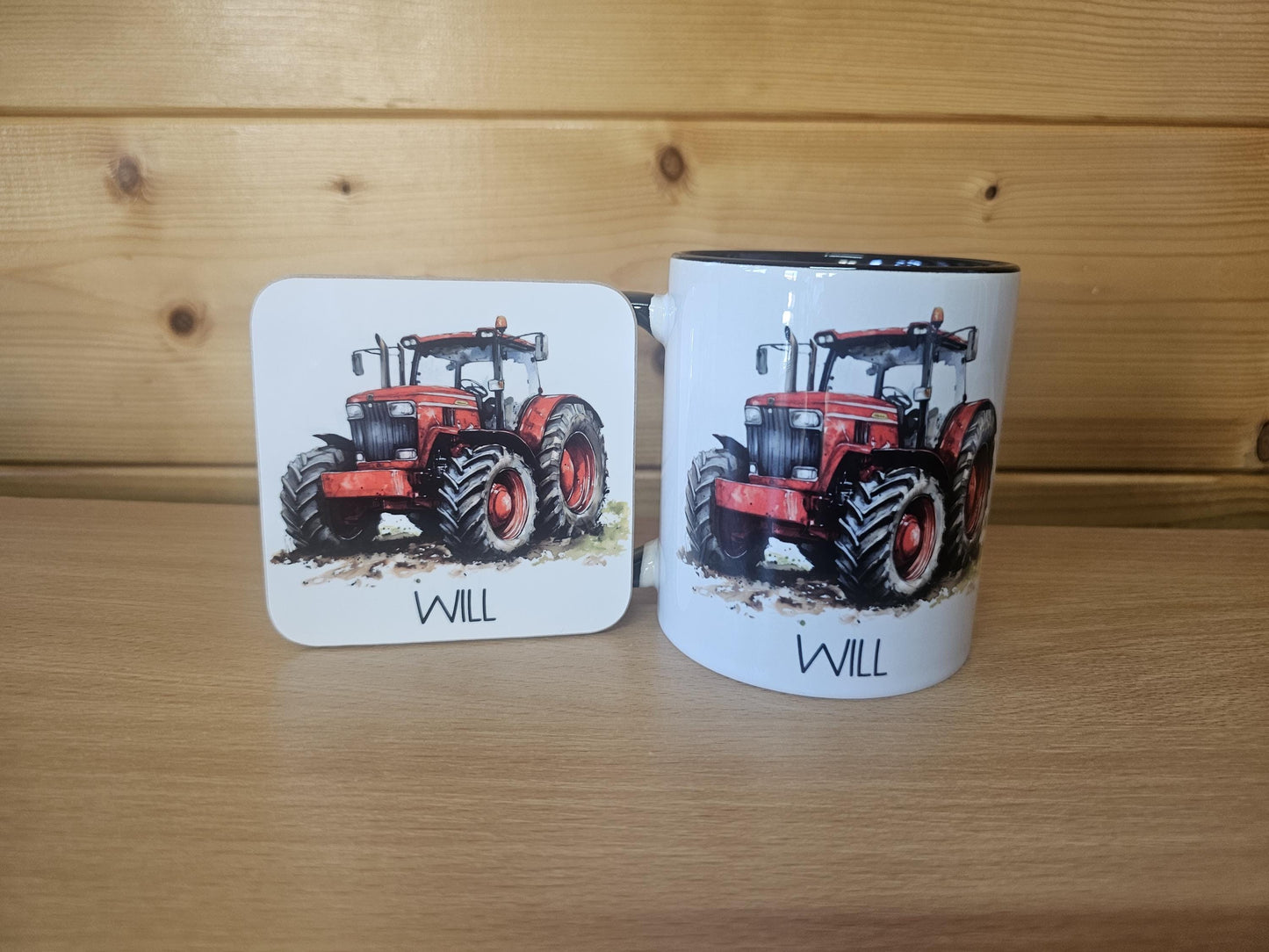 Personalised Red Tractor Mug & Coaster Set: Farmer Gift