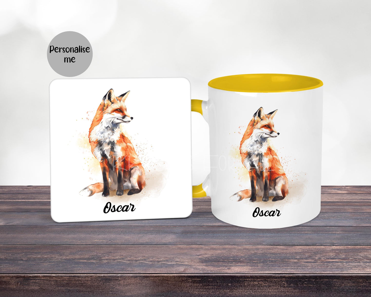 Watercolour Fox Mug & Coaster, Personalised Gift For Woman - Mum Nan Aunt Friend , Anniversary Gift For Fox Lover, Yellow Fox Mug