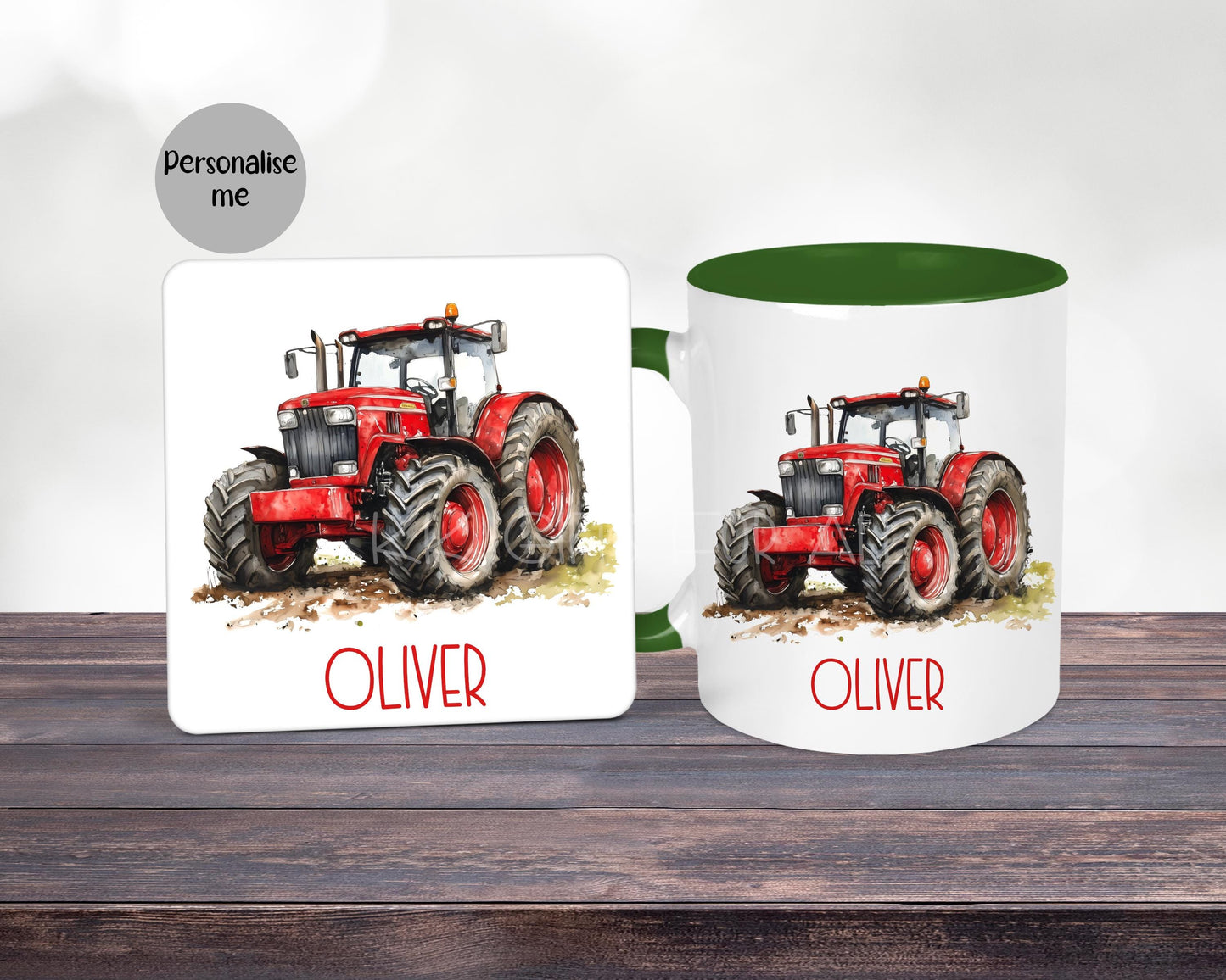 Personalised Green Tractor Mug & Coaster Set, Farmer Gift