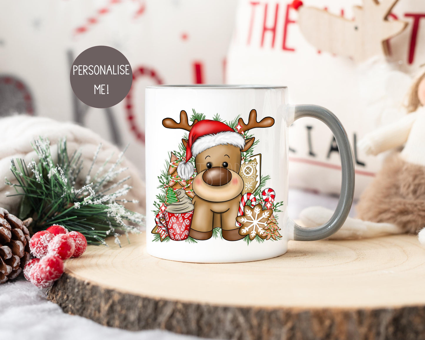 Personalised Reindeer Hot Chocolate Mug, Christmas Cocoa Mug, Xmas Movie Mug, Red Reindeer Christmas Mug