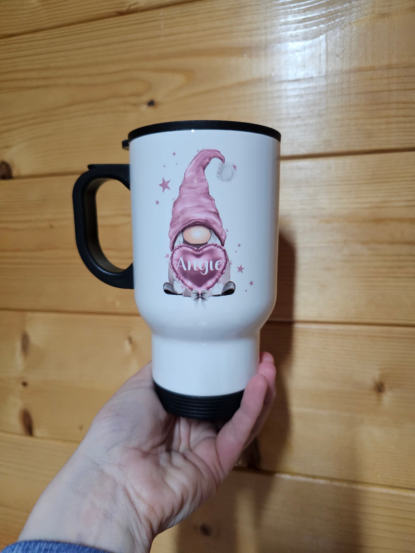 Pink Gonk Travel Mug, Personalised Hot Drink Cup, Female Travel Mug