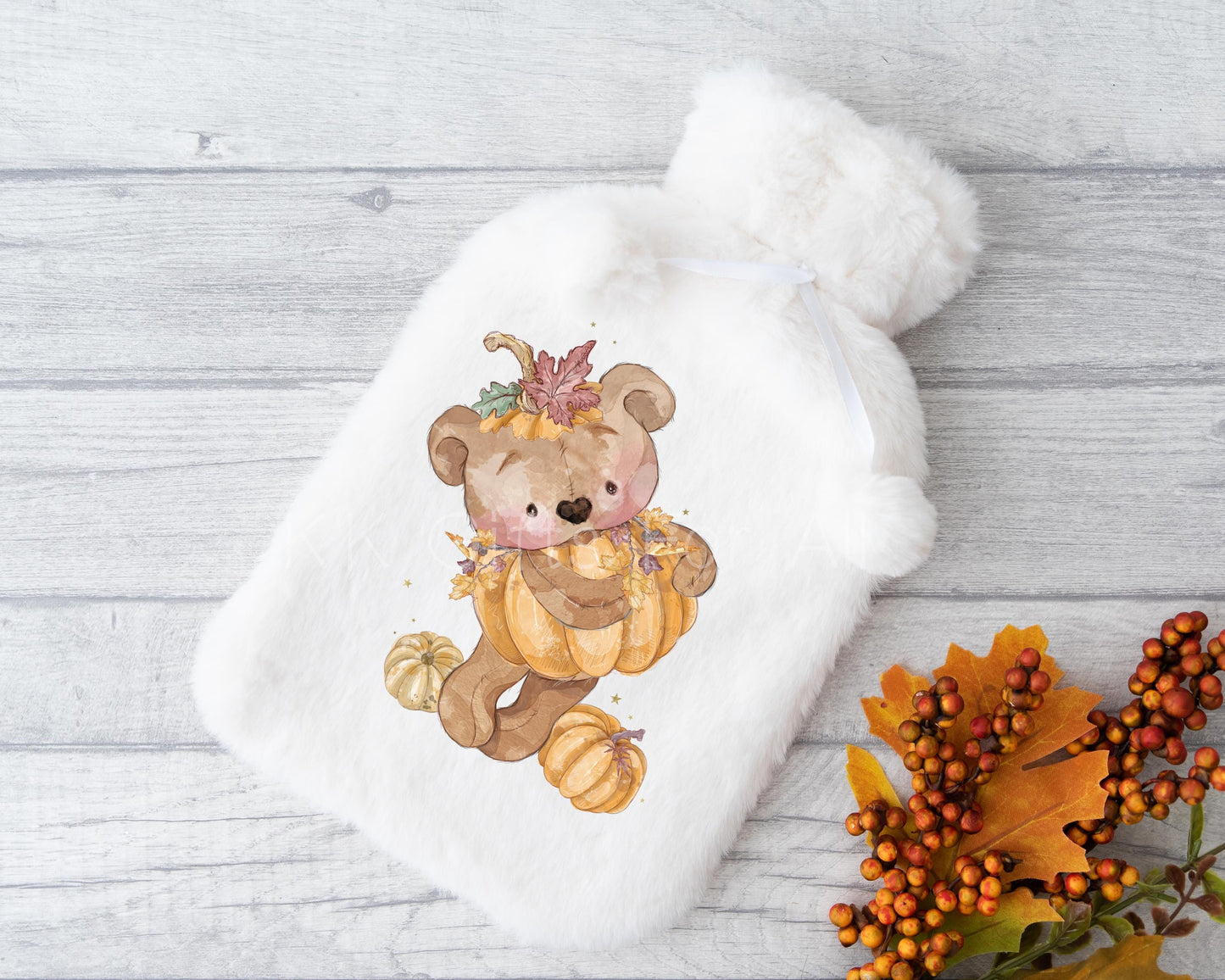 Hot Water Bottle, Personalised Bear Hot Water Bottle, Autumn Theme Hot Water Bottle, Pumpkin Bear Gift