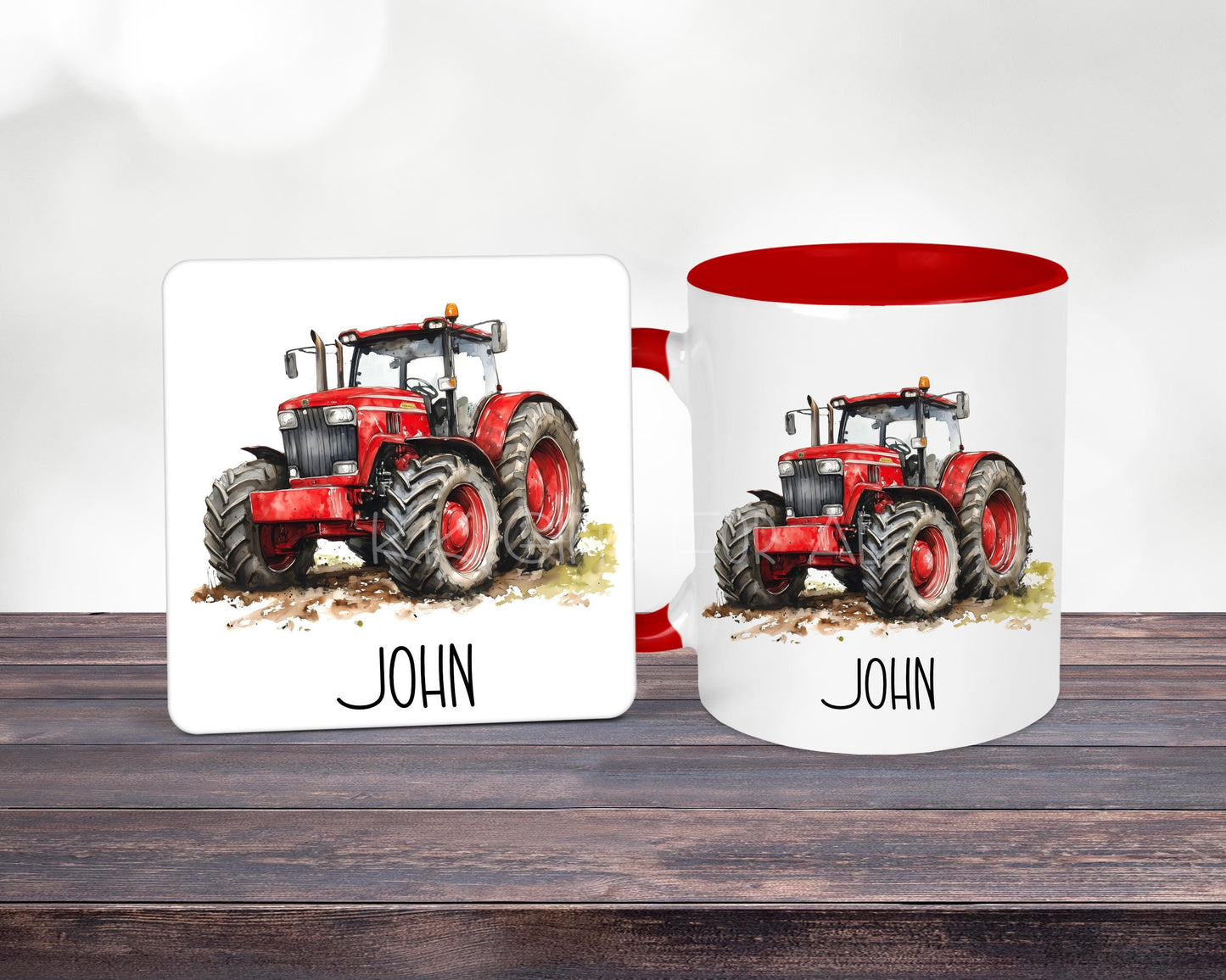 Personalised Red Tractor Mug & Coaster, Farmer Mug, Tractor Lover Birthday Gift