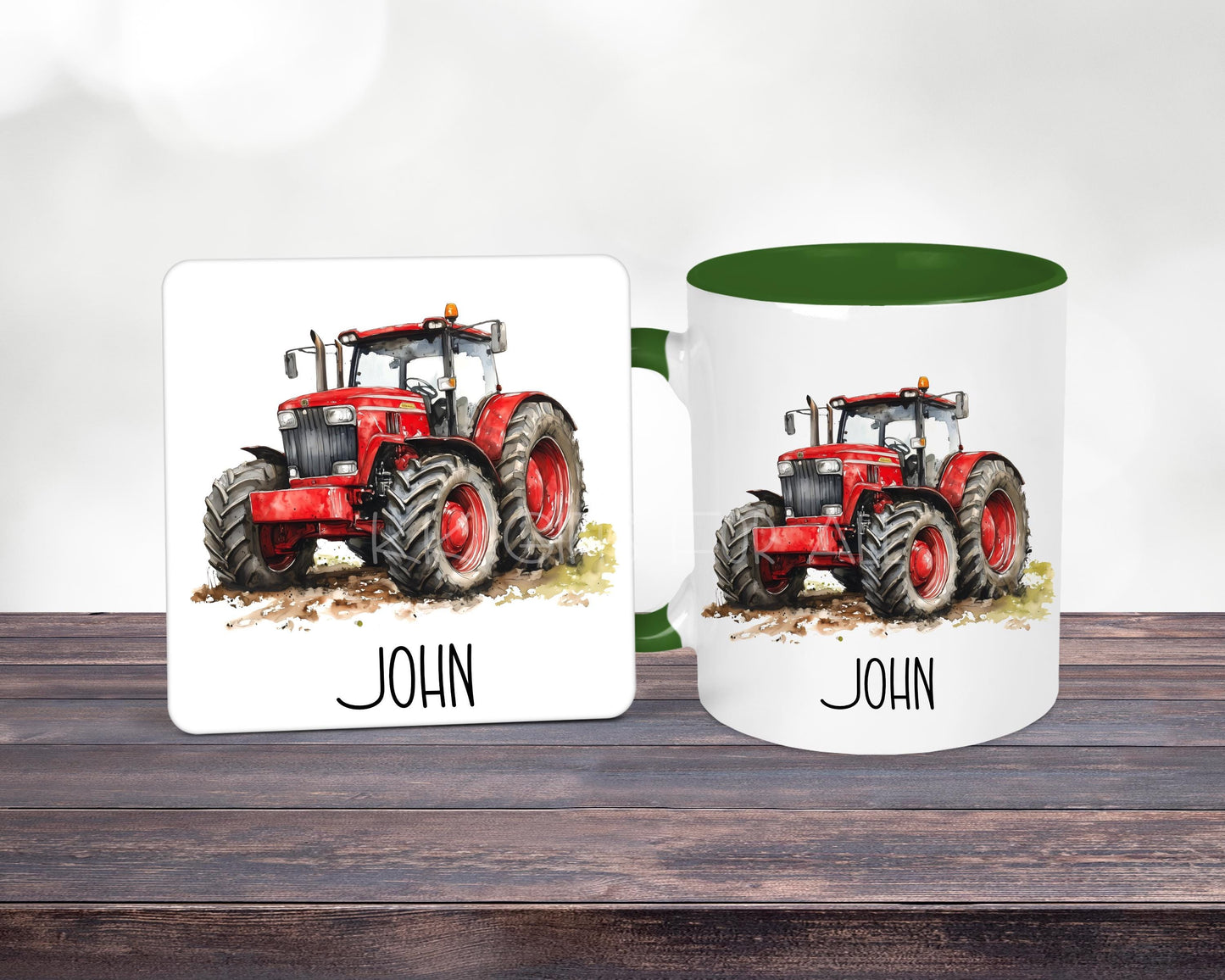 Personalised Green Tractor Mug & Coaster Set, Farmer Gift