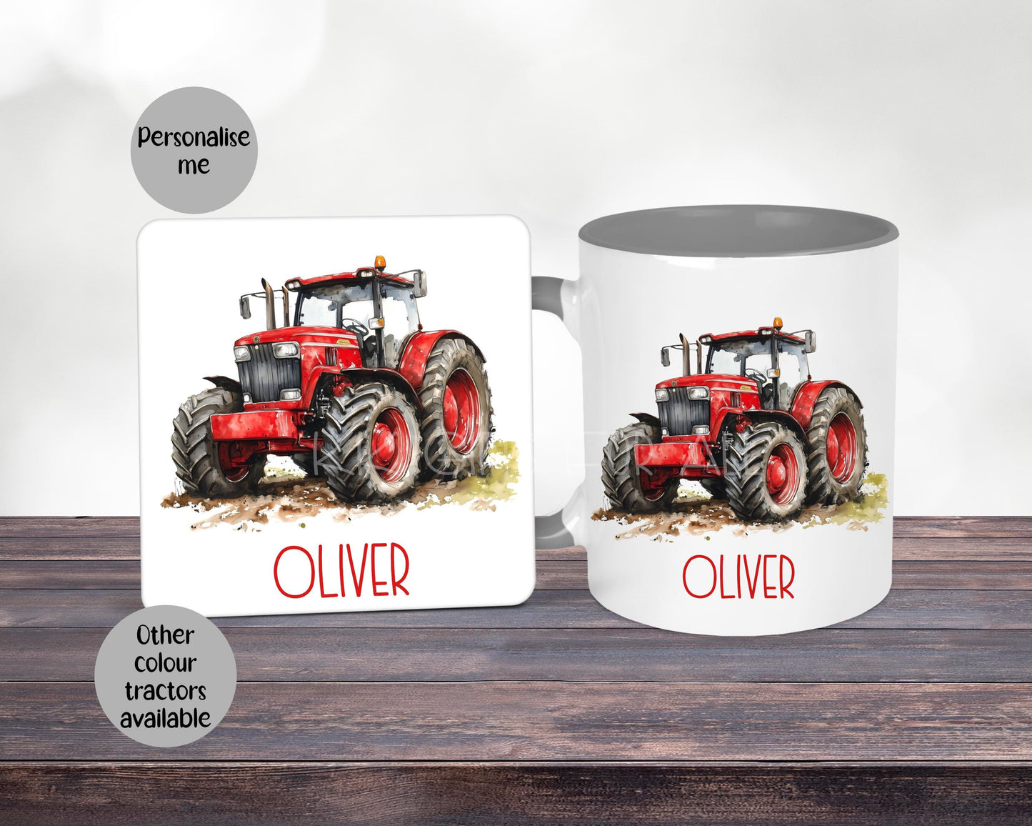 Personalised Red Tractor Mug & Coaster Set, Farmer Gift, Grey Mug