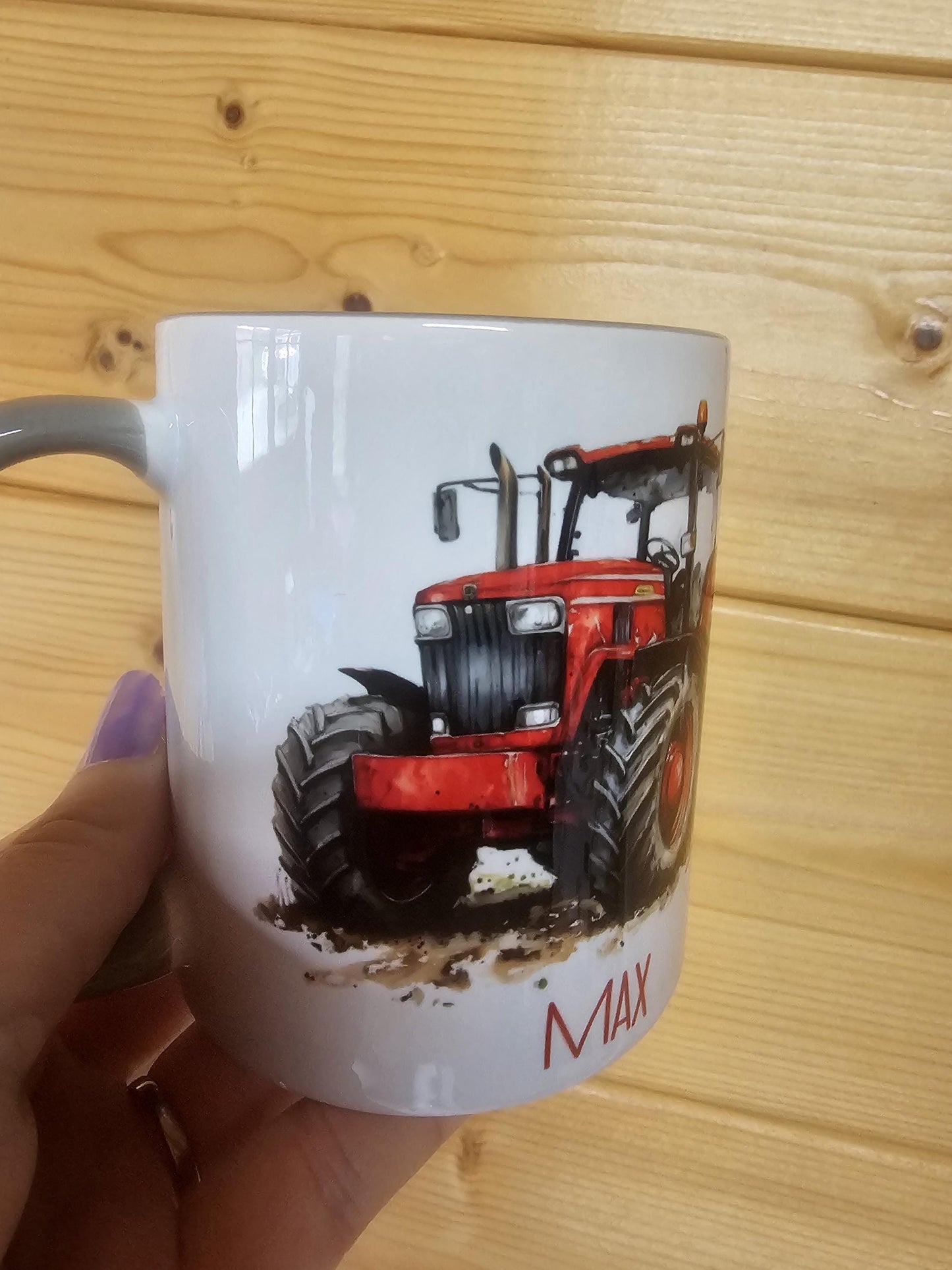 Personalised Red Tractor Mug & Coaster Set, Farmer Gift, Grey Mug
