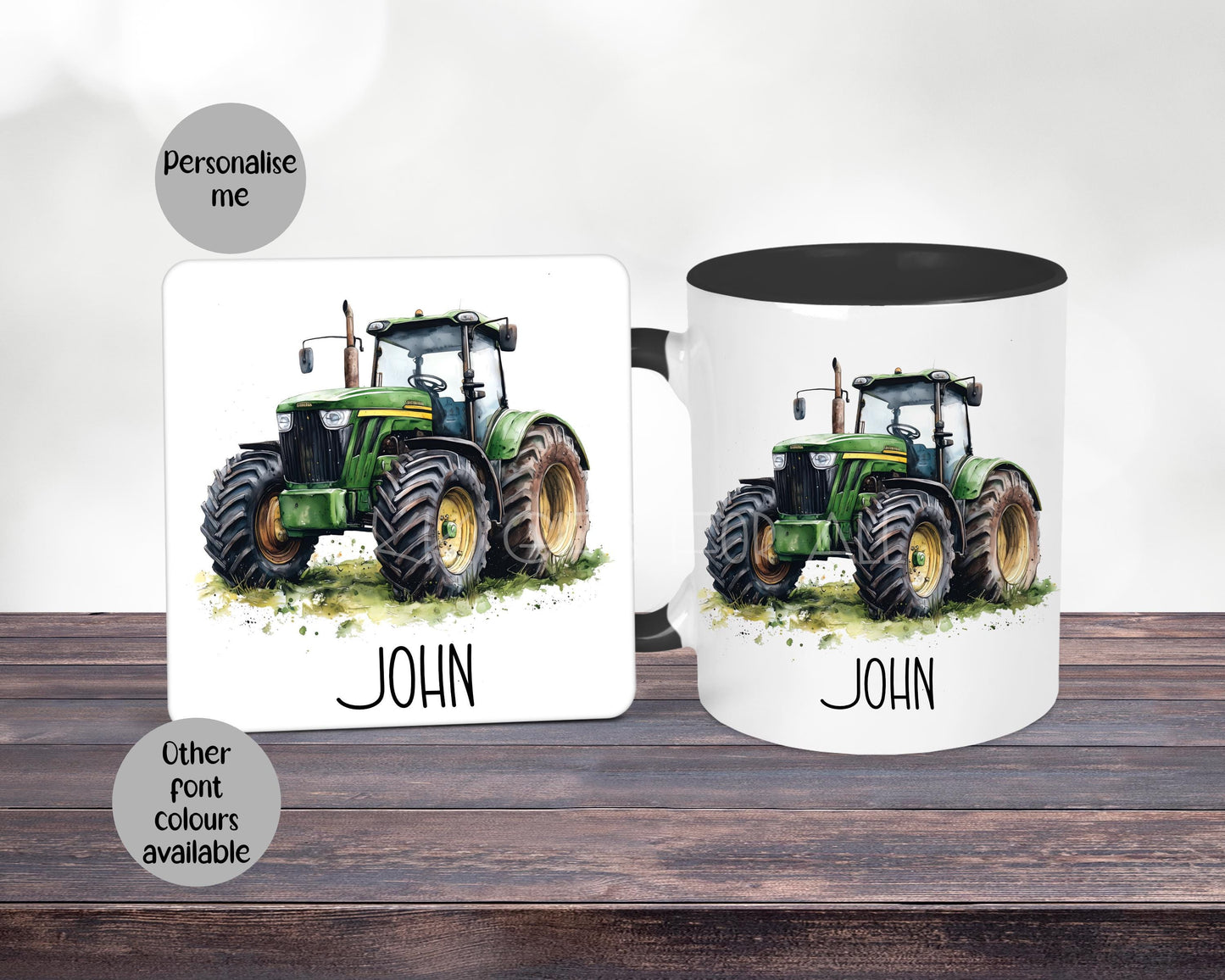 Personalised Green Tractor Mug & Coaster Set, Farmer Gift For Birthday