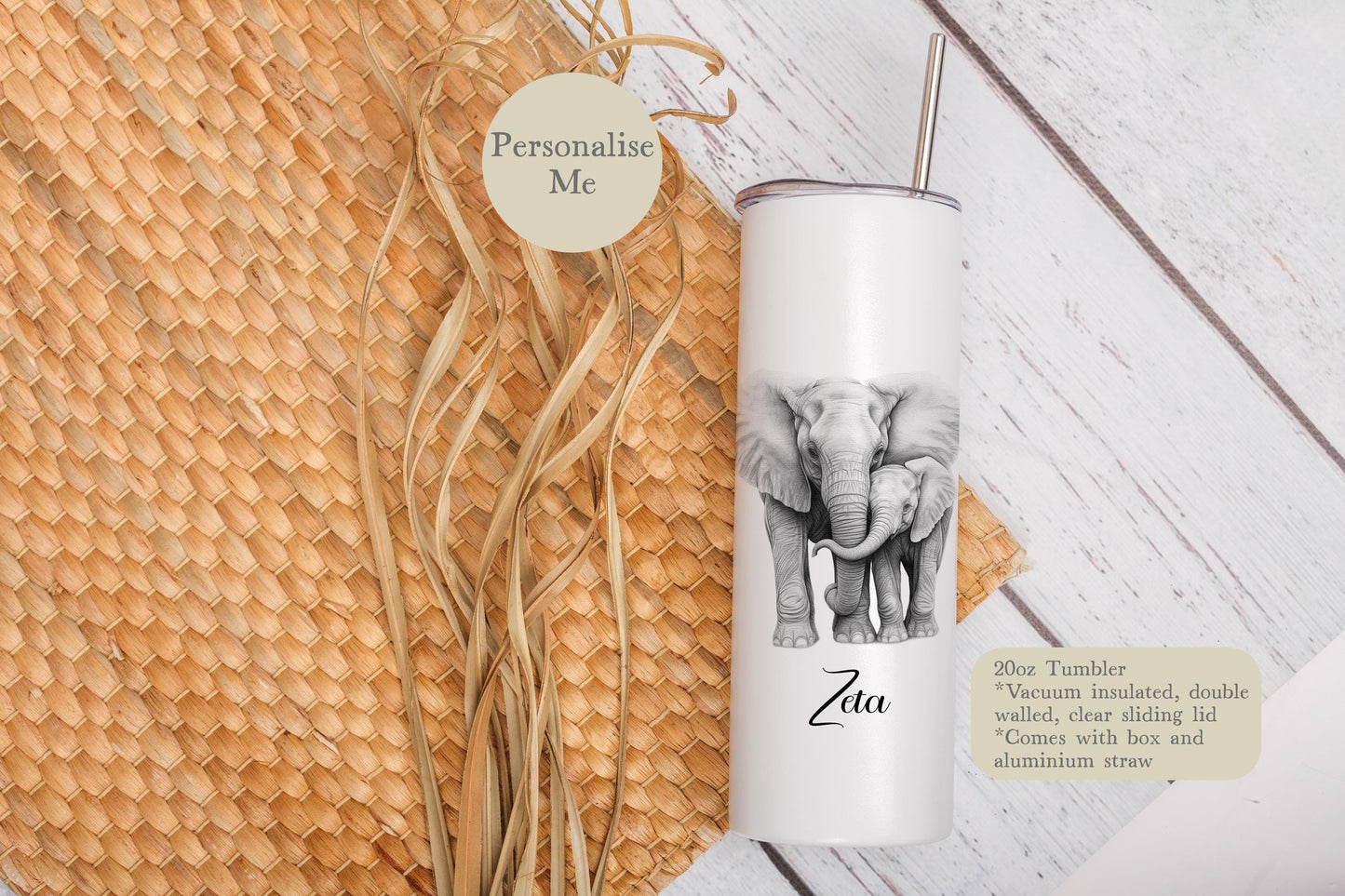 Personalised Elephant Tumbler, 20oz Tumbler With Box & Aluminium Straw, Elephant Gift For Her Mum Nan Sister Friend