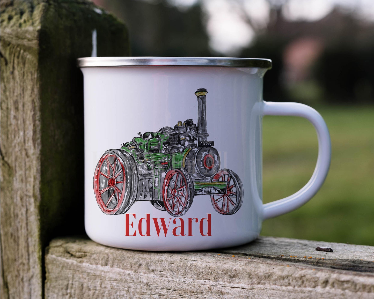 Personalised Steam Engine Mug, Vintage Traction Engine Gift, Metal Enamel Outdoor Mug, Gift For Dad Grandad