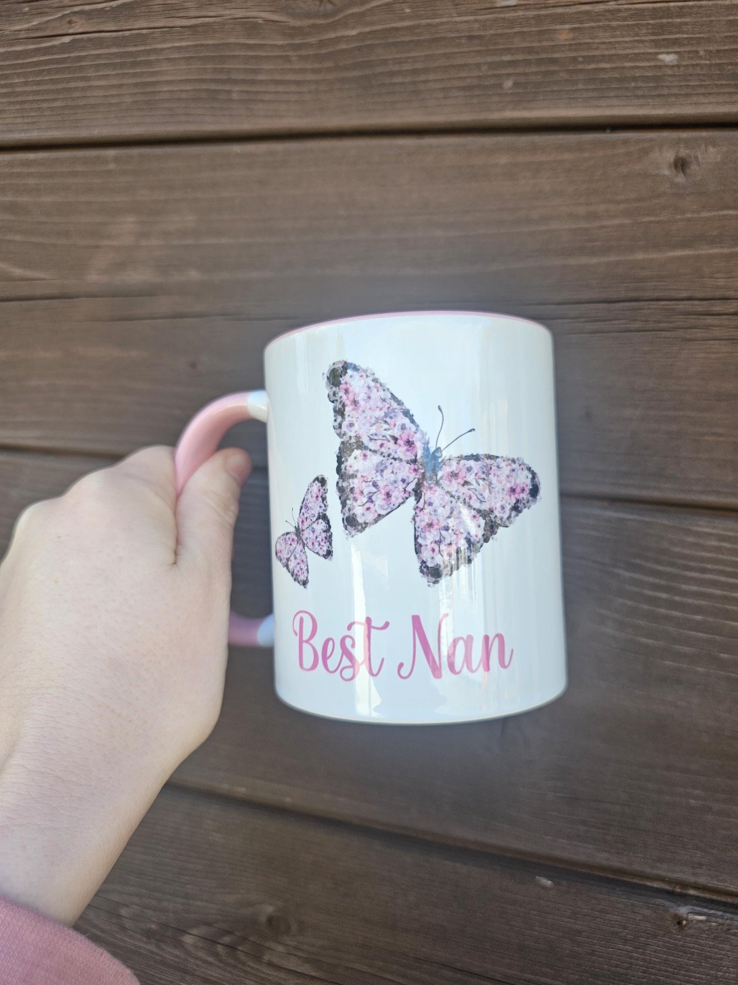 Pink Butterfly Mug & Coaster, Personalised BirthdayAnniversary Gift, Gift For Mum Nan Wife Girlfriend, Floral Butterfly