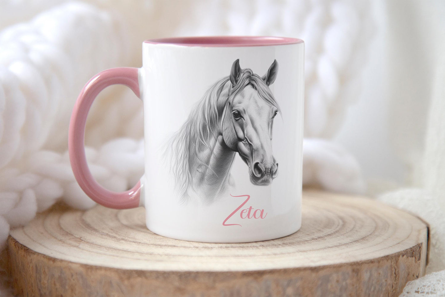 Personalised Horse Mug: Sketch Art, Pink Handle, Horse Lover Gift