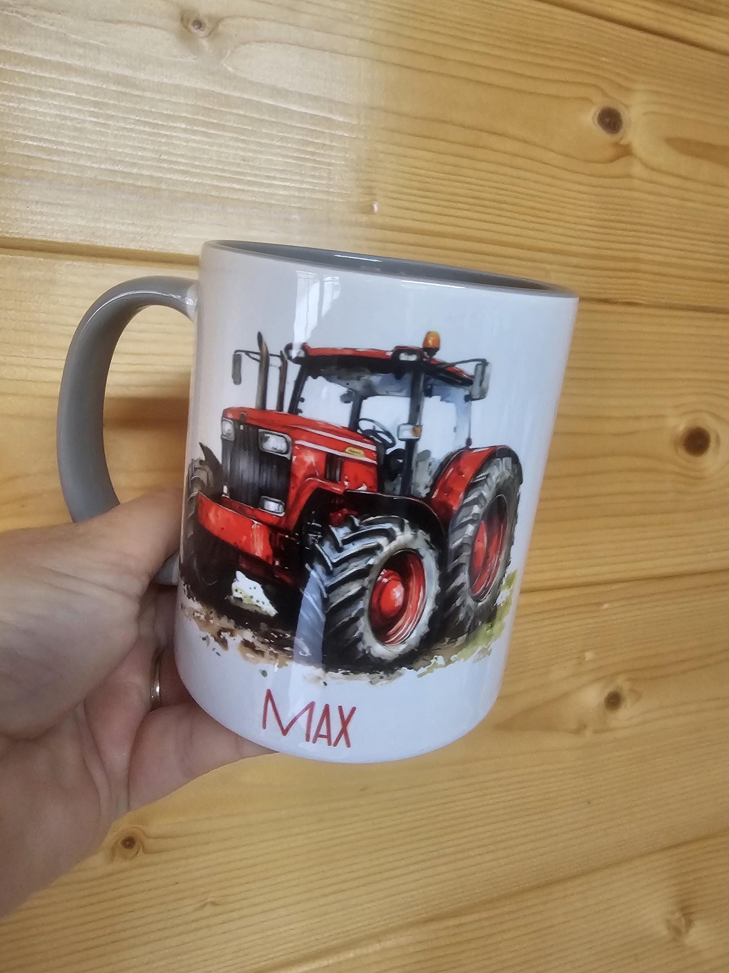 Personalised Red Tractor Mug & Coaster Set, Farmer Gift, Grey Mug