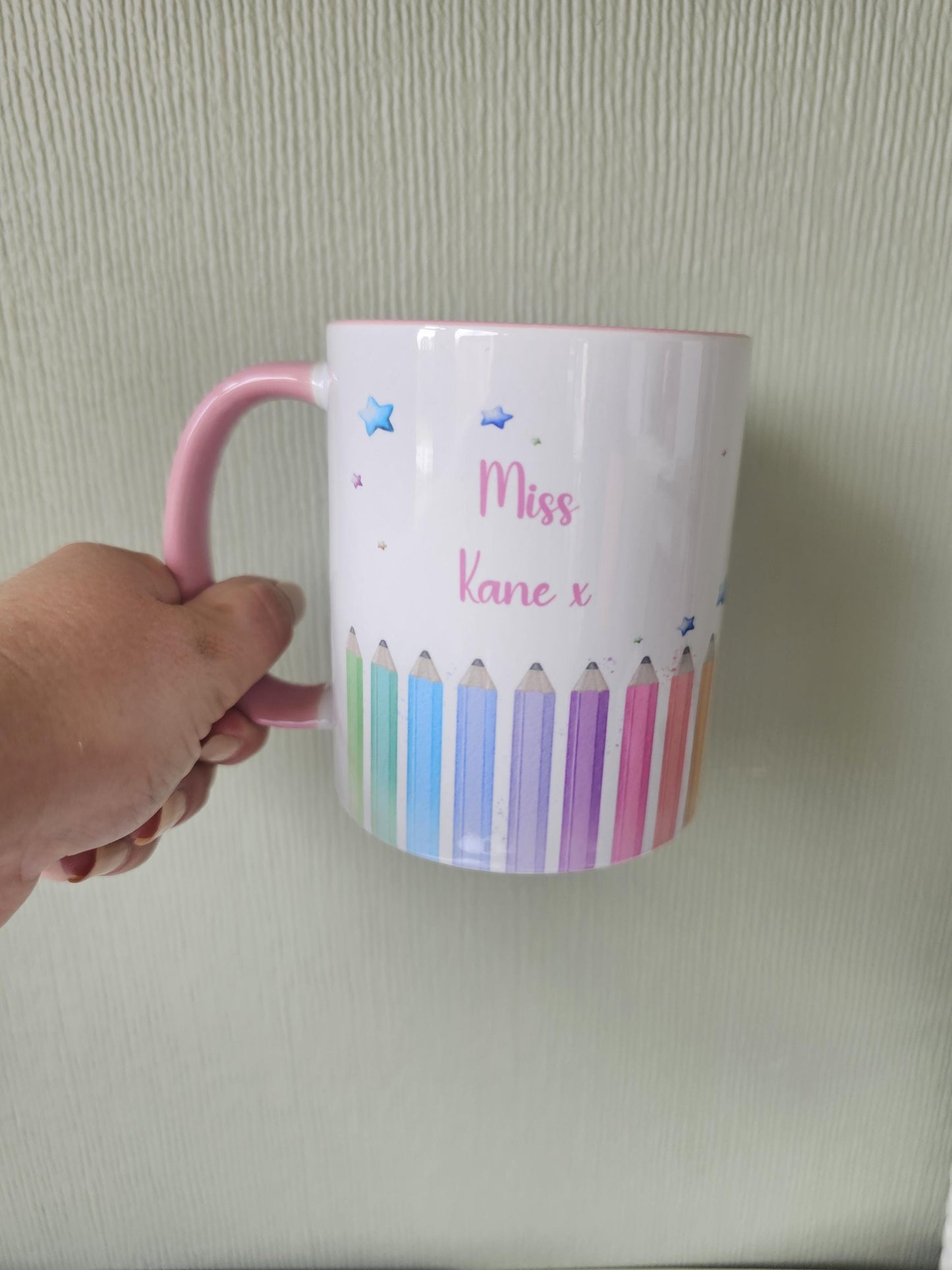 Personalised Rainbow Pencil Mug – Custom Name Teacher Gift – Back to School Mug – Kids Art Mug – Colourful Classroom Cup - Artist Gift Idea