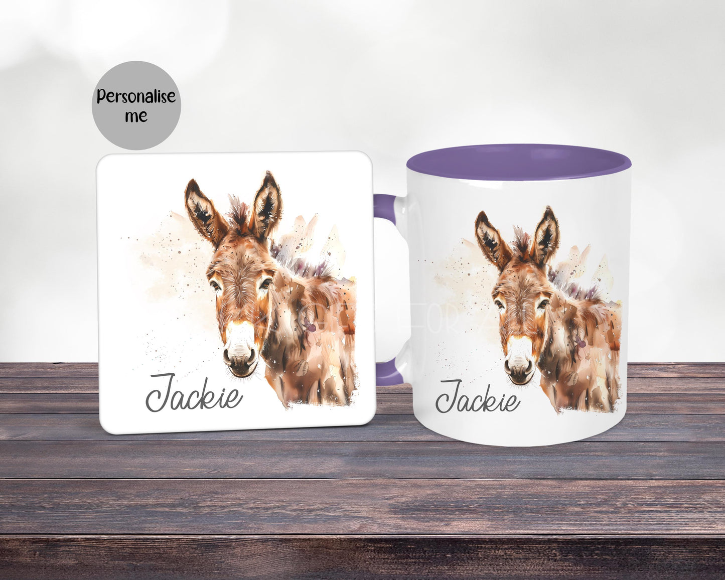 Personalised Donkey Mug & Coaster, Gift For Woman - Mum Nan Aunt Friend, Birthday Or Anniversary Gift For Donkey Lover