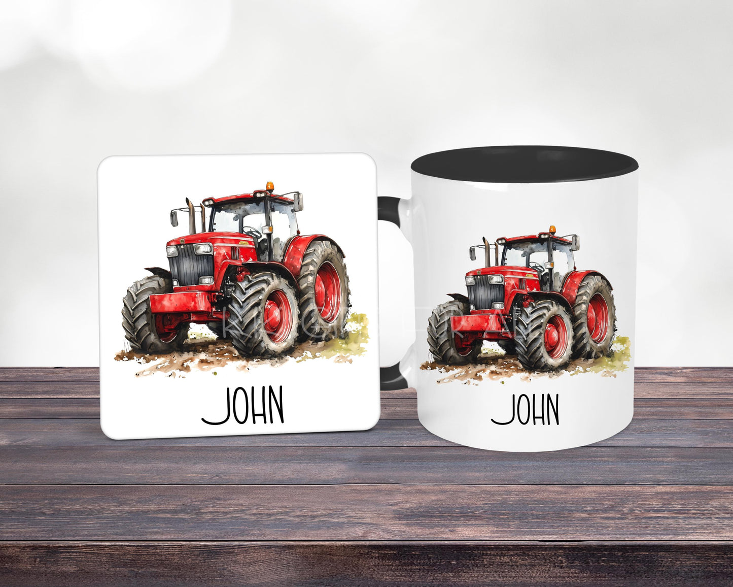 Personalised Red Tractor Mug & Coaster Set: Farmer Gift