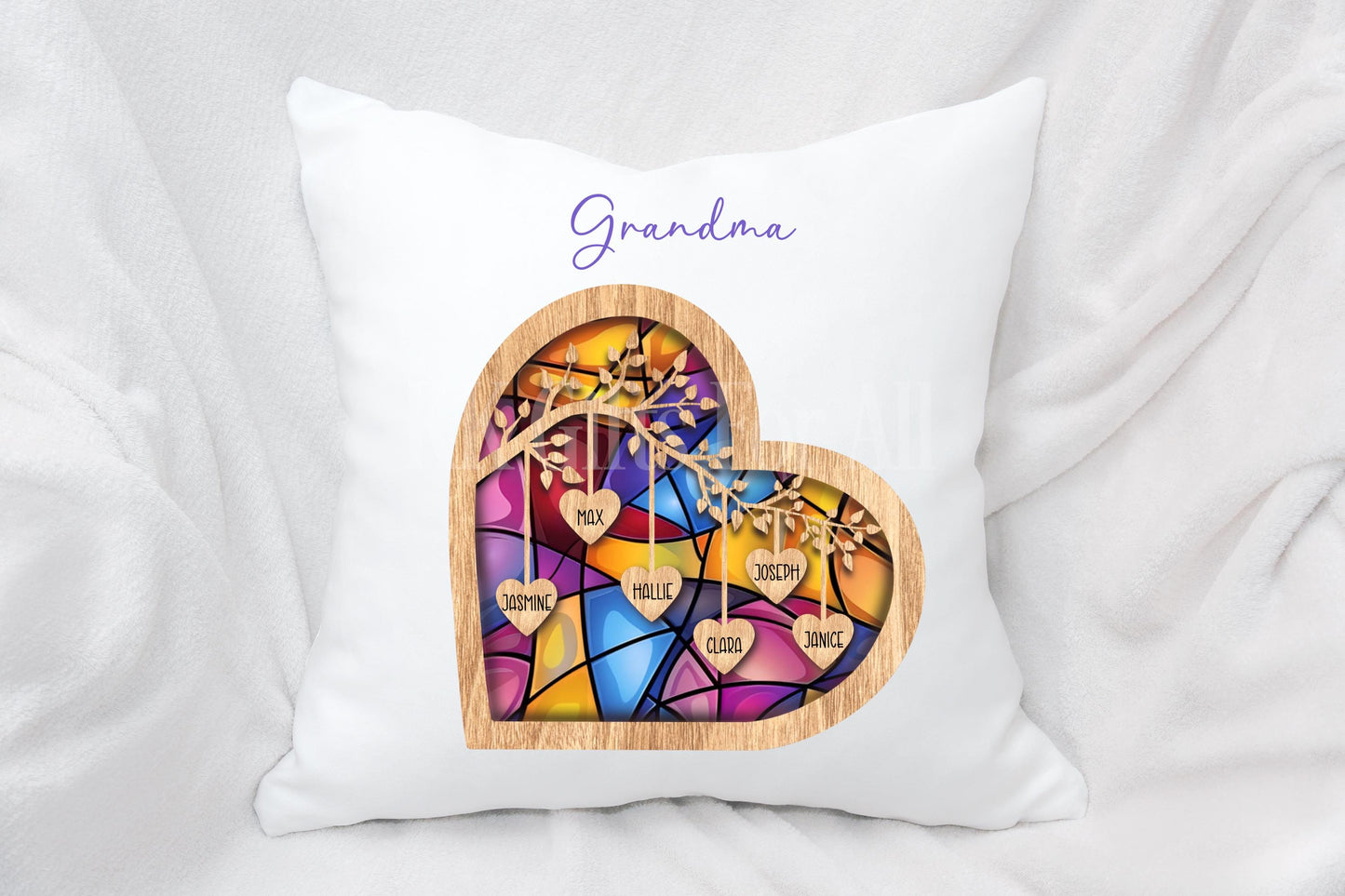 Personalised Sentimental Family Tree Cushion, Gift For Grand Mother, Mother's Day Gift For Mum Nan Gran, Stained Glass Style Heart Cushion