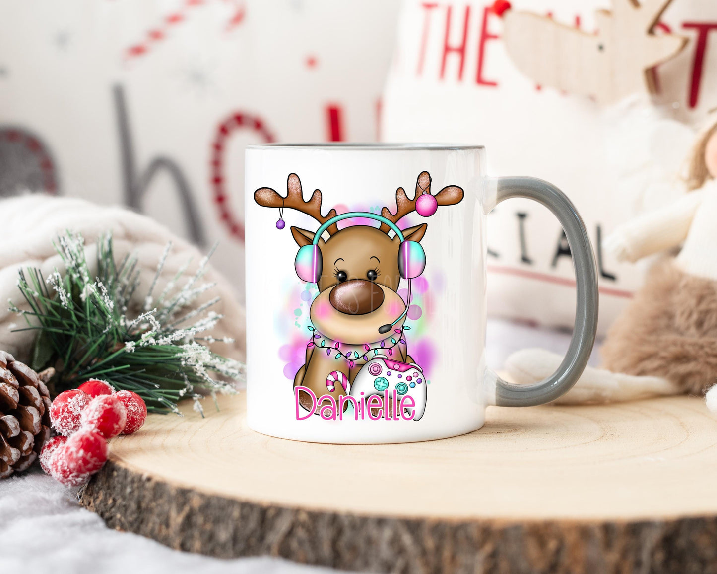 Girls Christmas Mug, Personalised Reindeer Mug