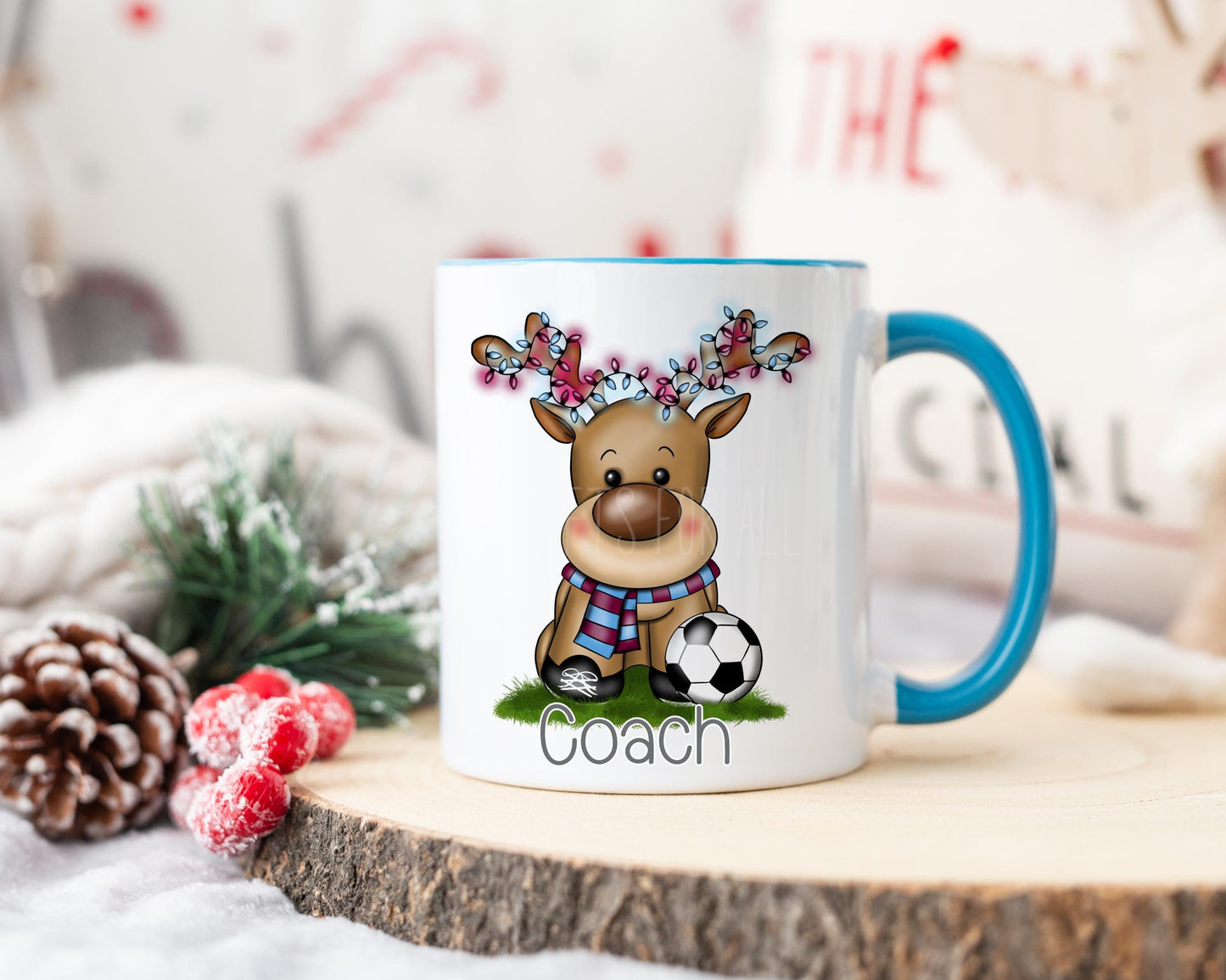 Christmas Football Reindeer Mug, Personalised Grey Christmas Mug, Football Coach Gift, Football Lover Xmas Mug, Claret & Blue Footie Team