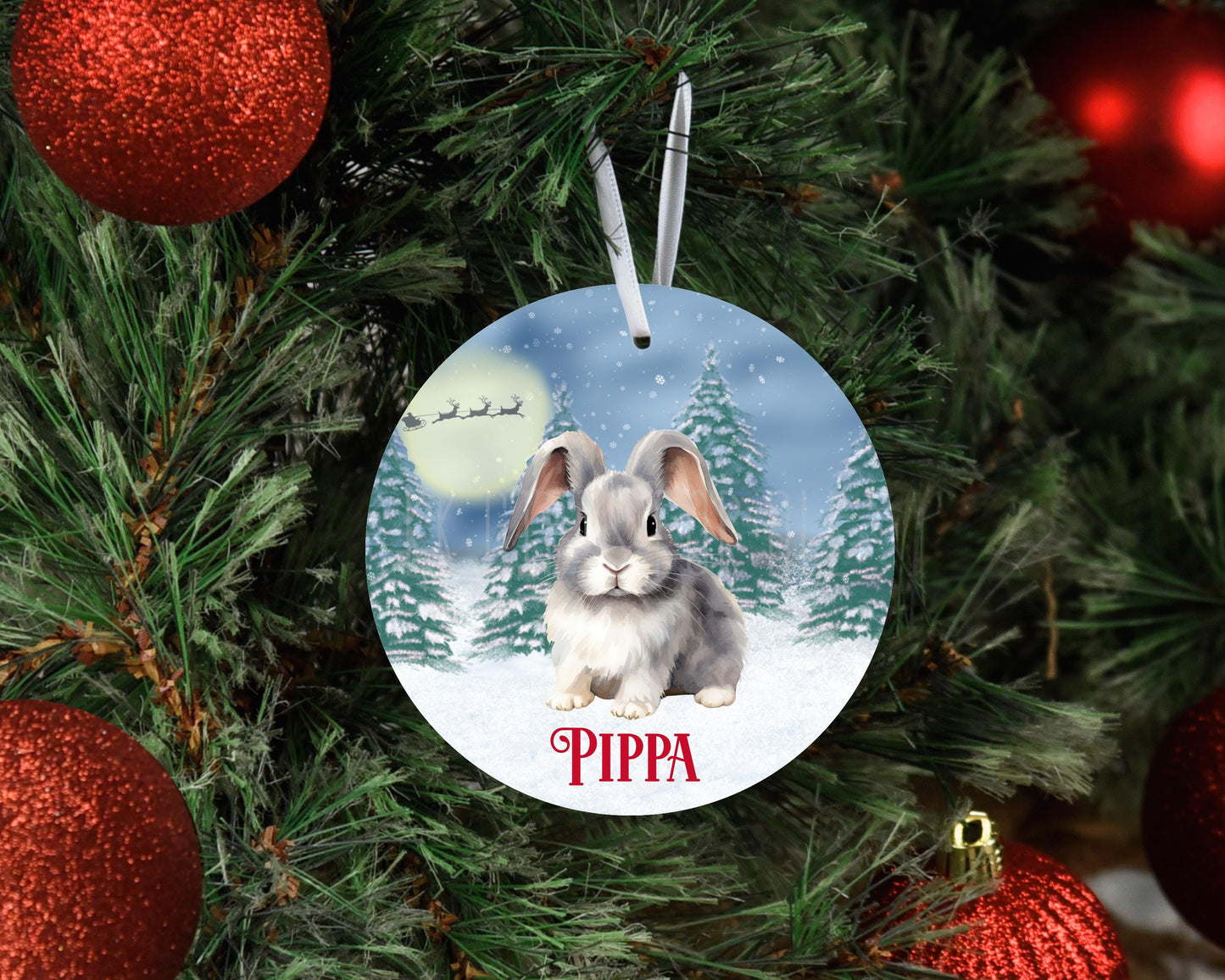 Personalised Christmas Bunny Rabbit Tree Decoration, Grey Rabbit Metal Christmas Hanging Ornament