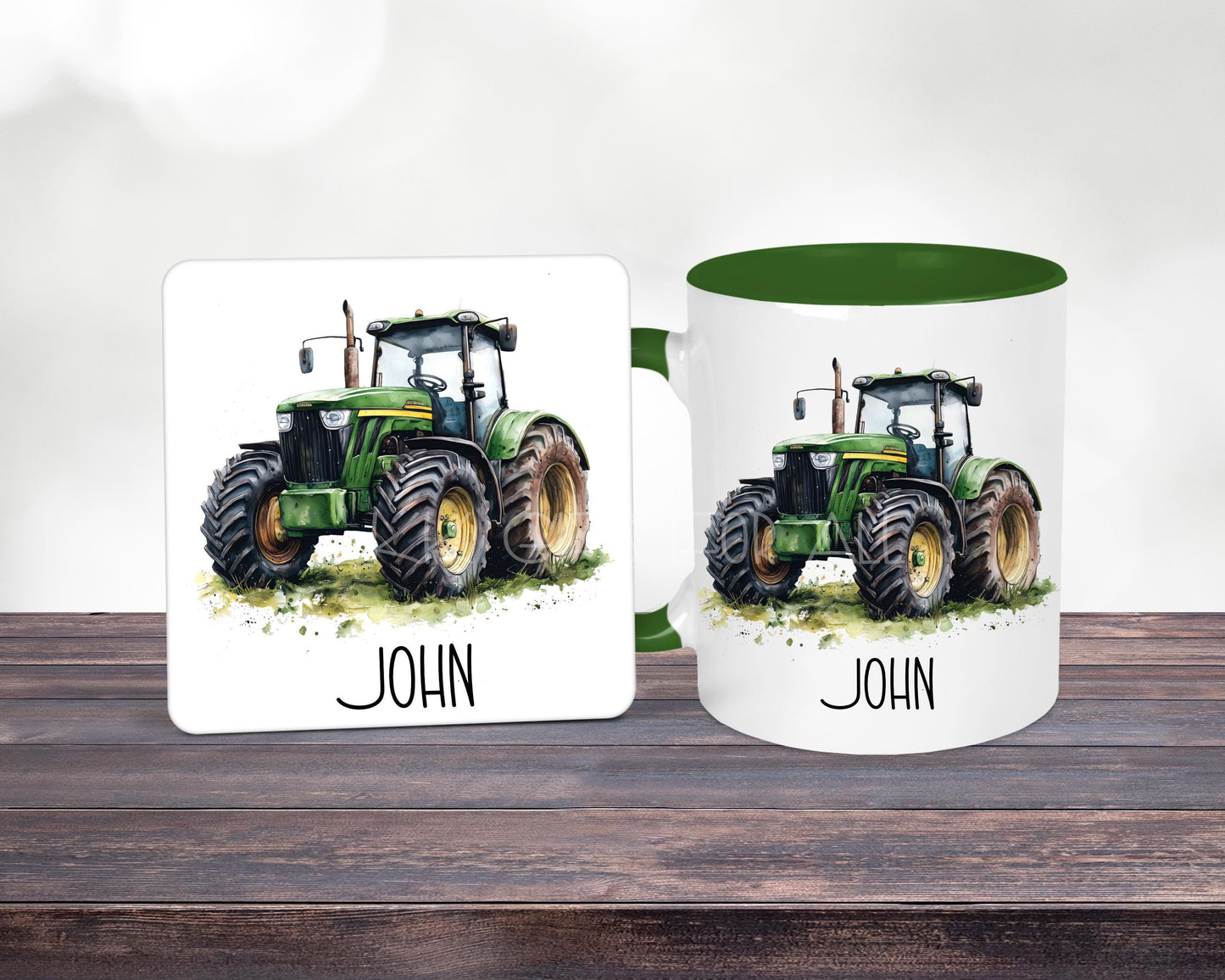 Personalised Green Tractor Mug & Coaster Set, Farmer Gift