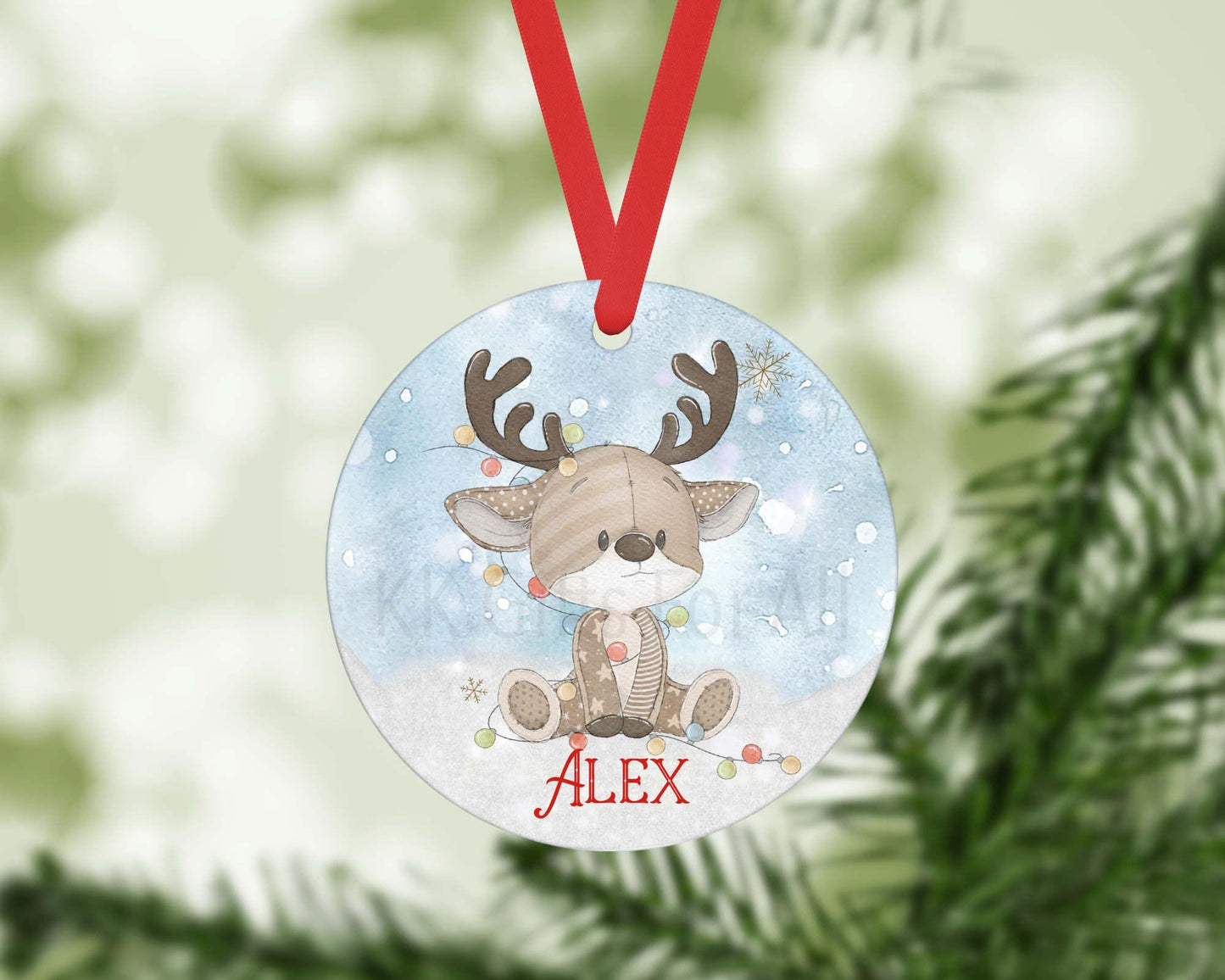 Personalised Reindeer Christmas Ornament, Aluminium Bauble, Keepsake Gift, Tree Decoration