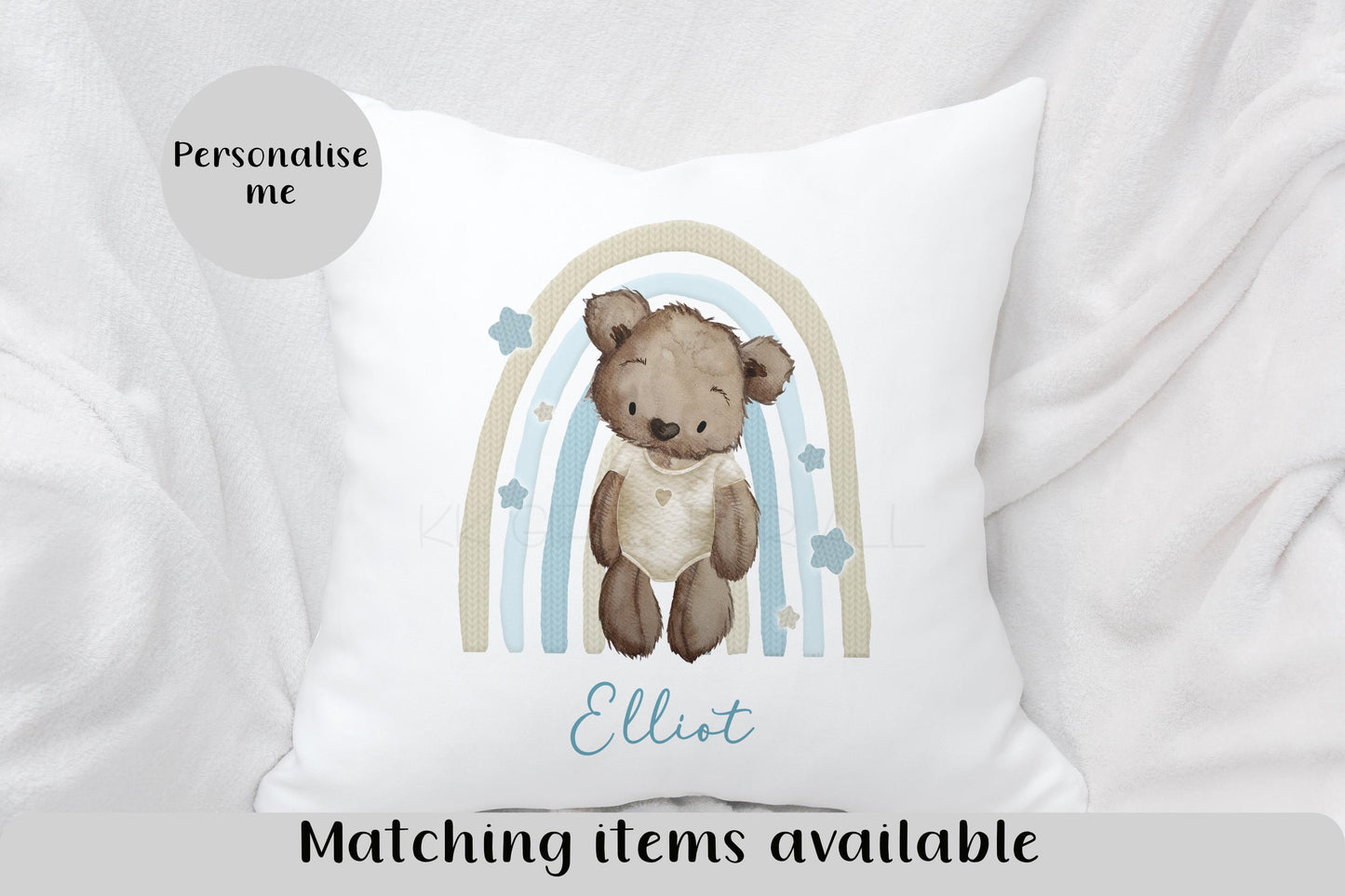 Personalised Teddy Bear Nursery Cushion, Blue Rainbow Decor Pillow