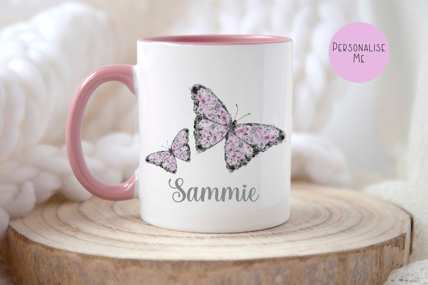 Pink Butterfly Mug & Coaster, Personalised BirthdayAnniversary Gift, Gift For Mum Nan Wife Girlfriend, Floral Butterfly