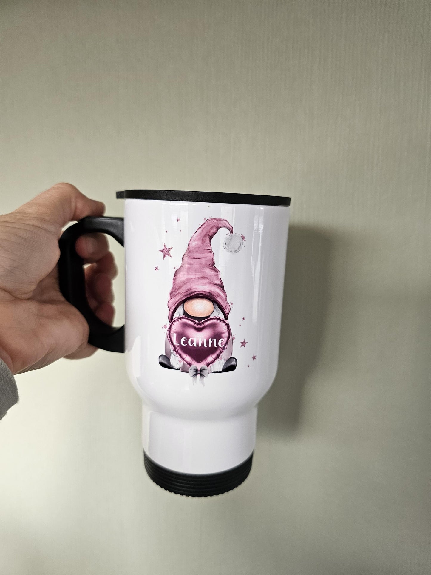 Pink Gonk Travel Mug, Personalised Hot Drink Cup, Female Travel Mug
