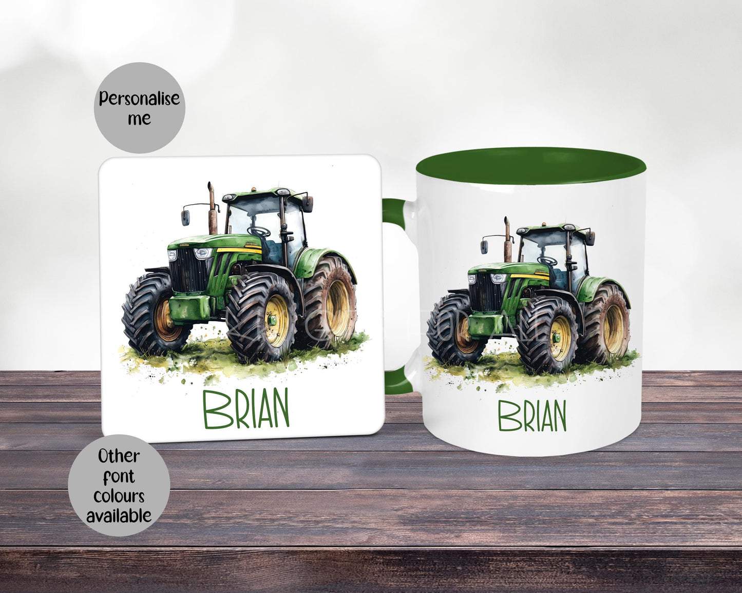 Personalised Green Tractor Mug & Coaster Set, Farmer Gift