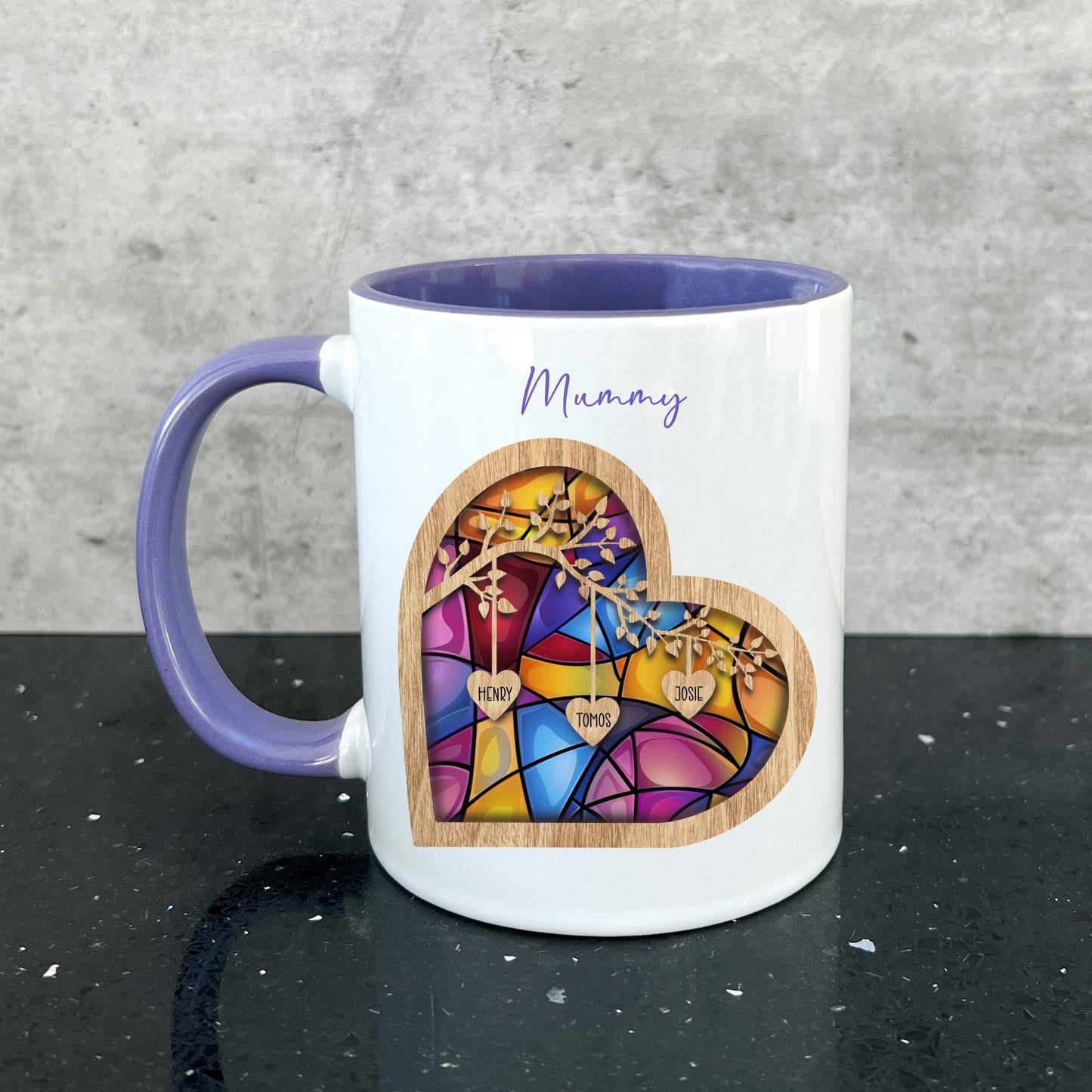 Personalised Purple Mug & Coaster, Stained Glass Style Heart Mug, Gifts For Mother's Day Mum Nan Gran, Grandmother Birthday Gift