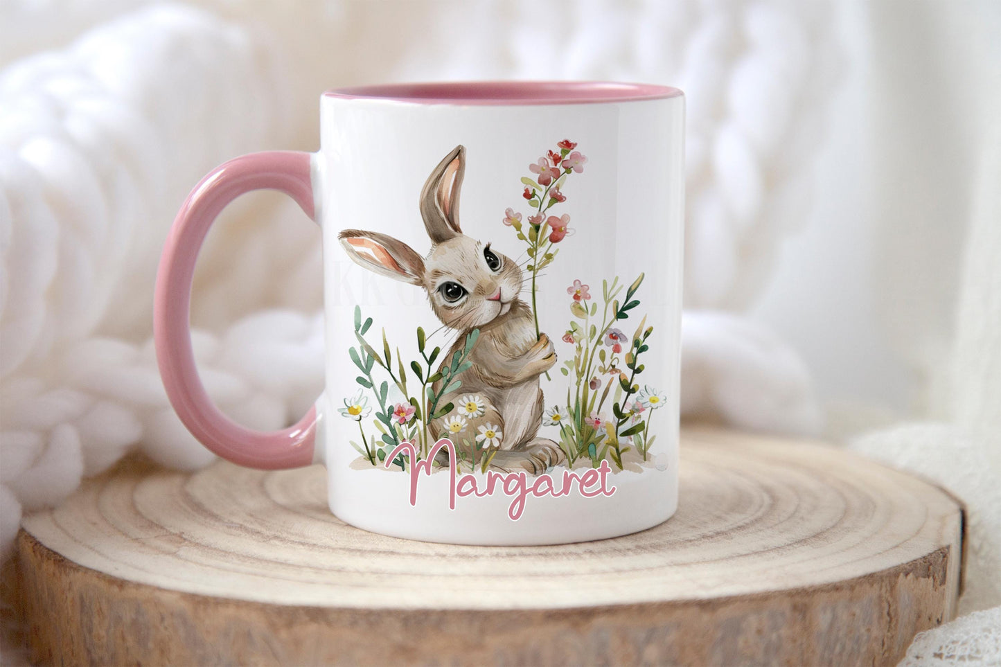 Personalised Rabbit Mug, Rabbit Lover Gifts, Floral Bunny Mug & Coaster, Mug For Girls Wife Mum