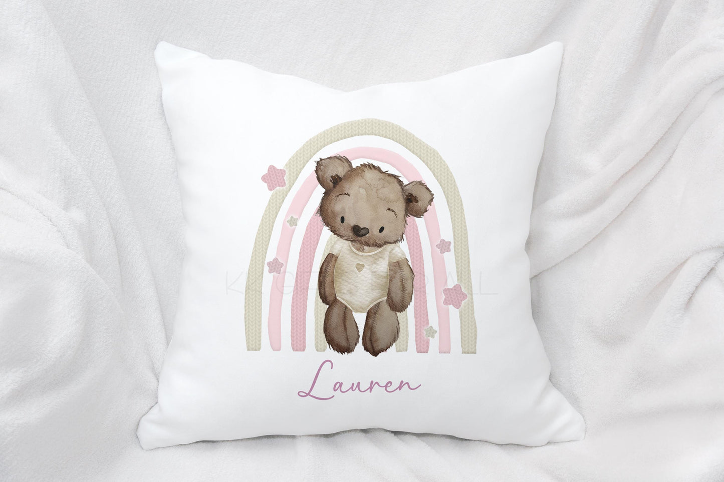 Pink Rainbow Teddy Bear Cushion, Girl's Nursery Cushion, New Baby Gift, Personalised Cushion For Newborn Baby