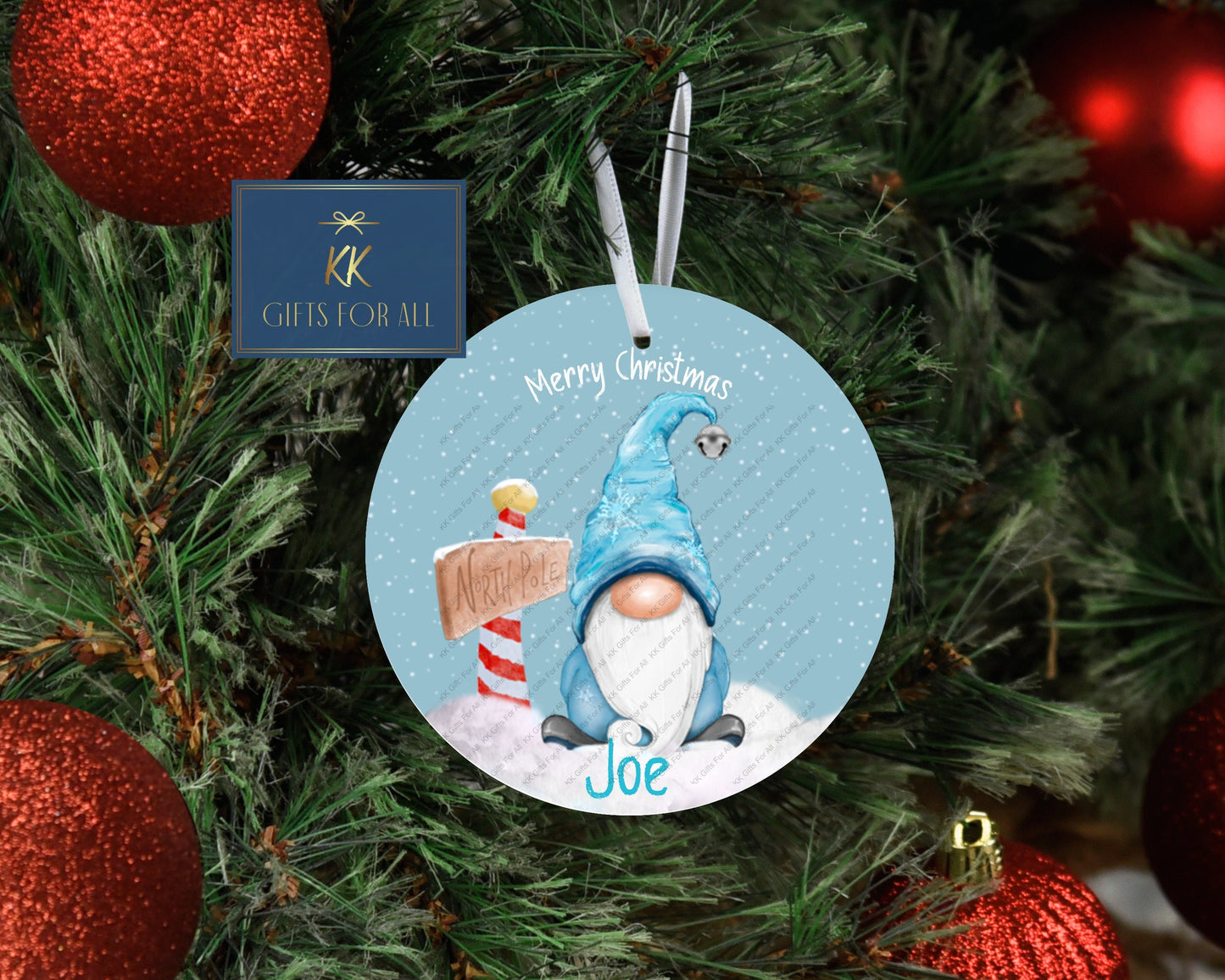 Personalised Gonk Christmas Metal Tree Decoration, Christmas Hanging Ornament, Blue Xmas Gnome,