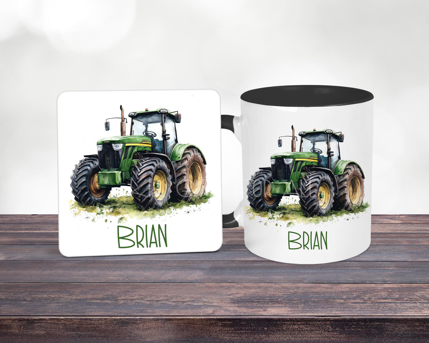 Personalised Green Tractor Mug & Coaster Set, Farmer Gift For Birthday