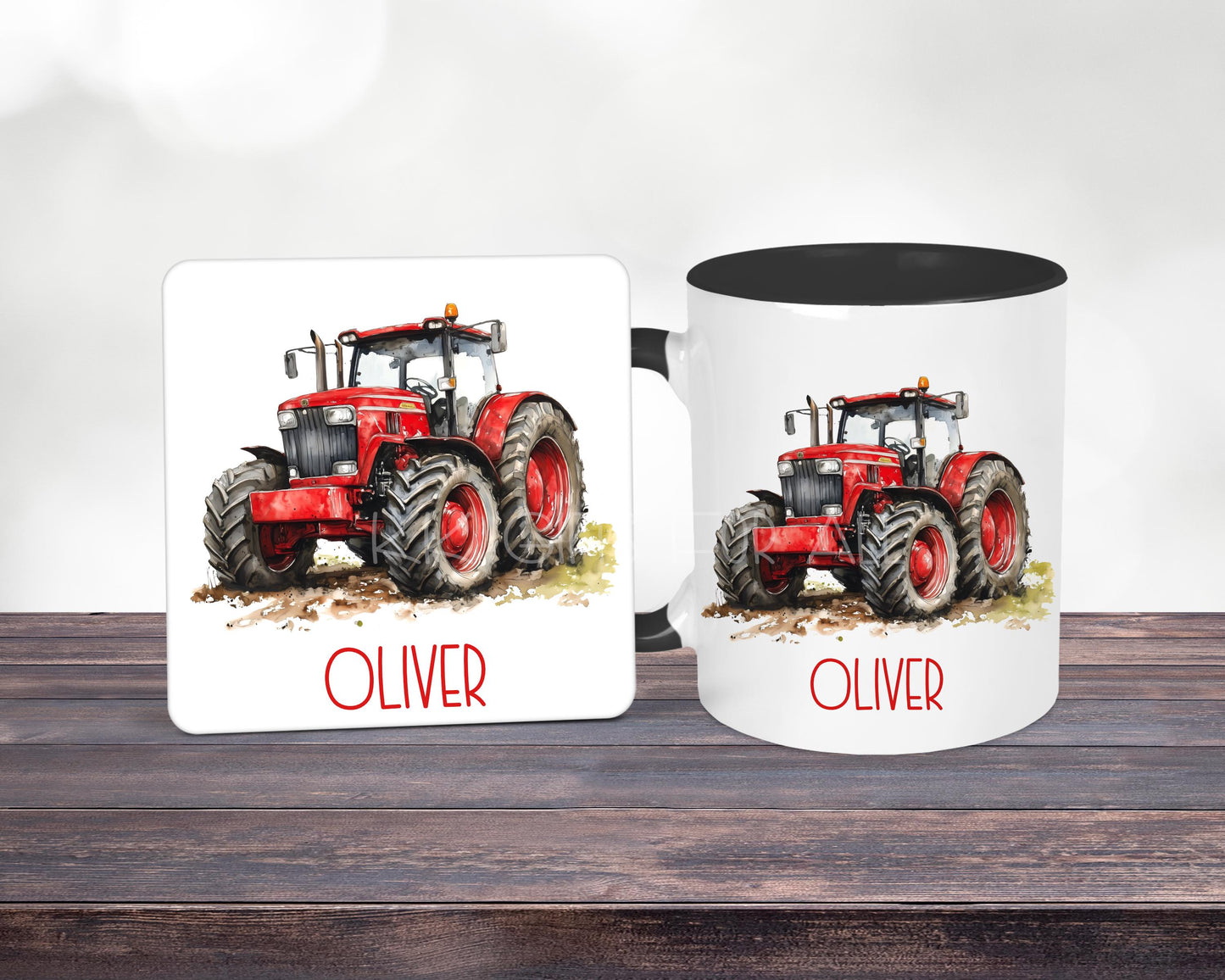 Personalised Red Tractor Mug & Coaster Set: Farmer Gift