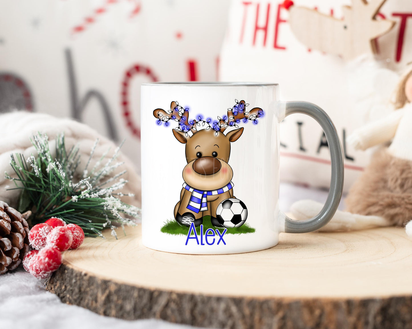 Christmas Reindeer Mug For Football Lover, Personalised Child's Christmas Mug
