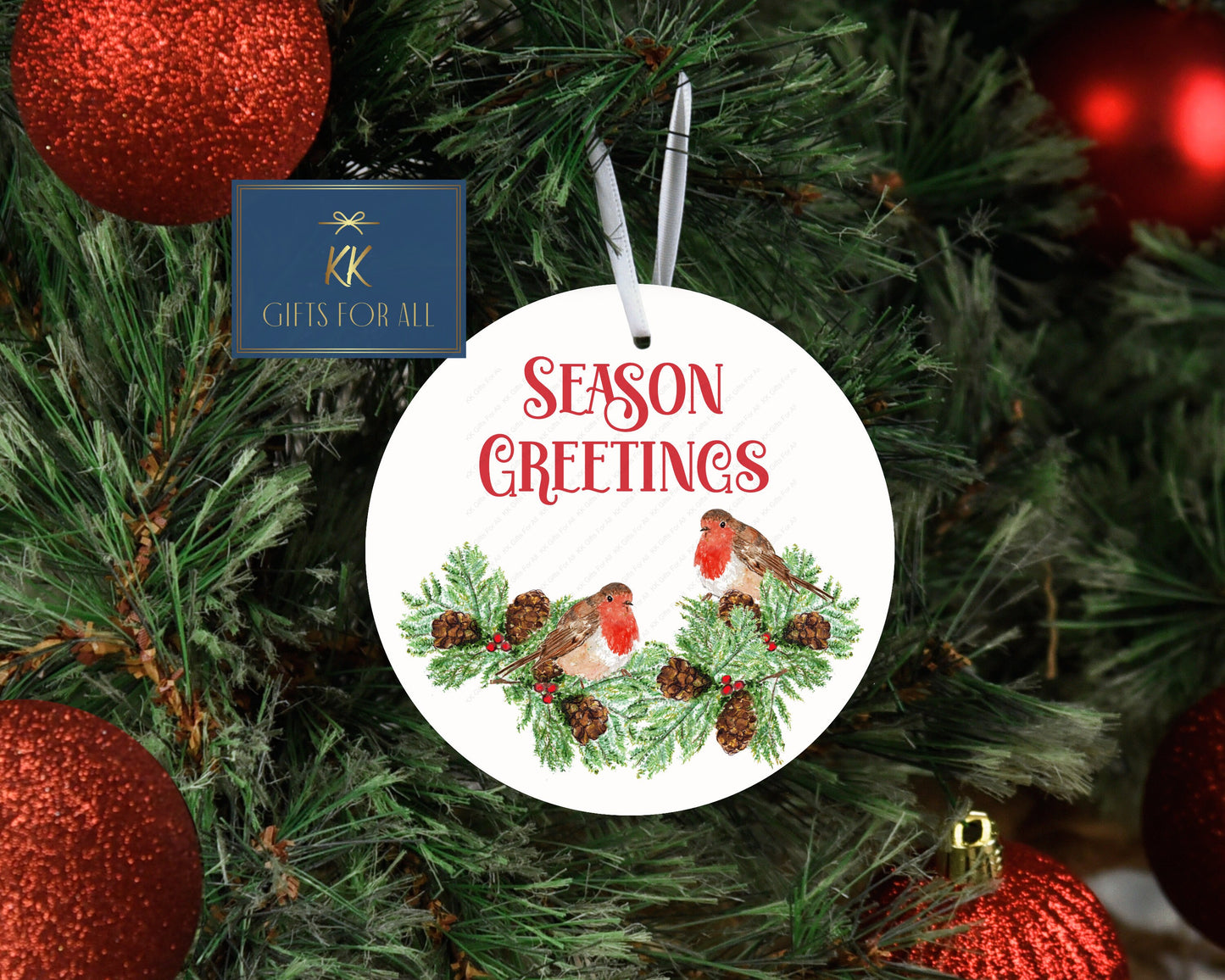 Robin Wreath & Text, Personalised Christmas Tree Decoration, Christmas Hanging Ornament, Metal Tree Decoration, 2 Red Breast Robins,Xmas Dec