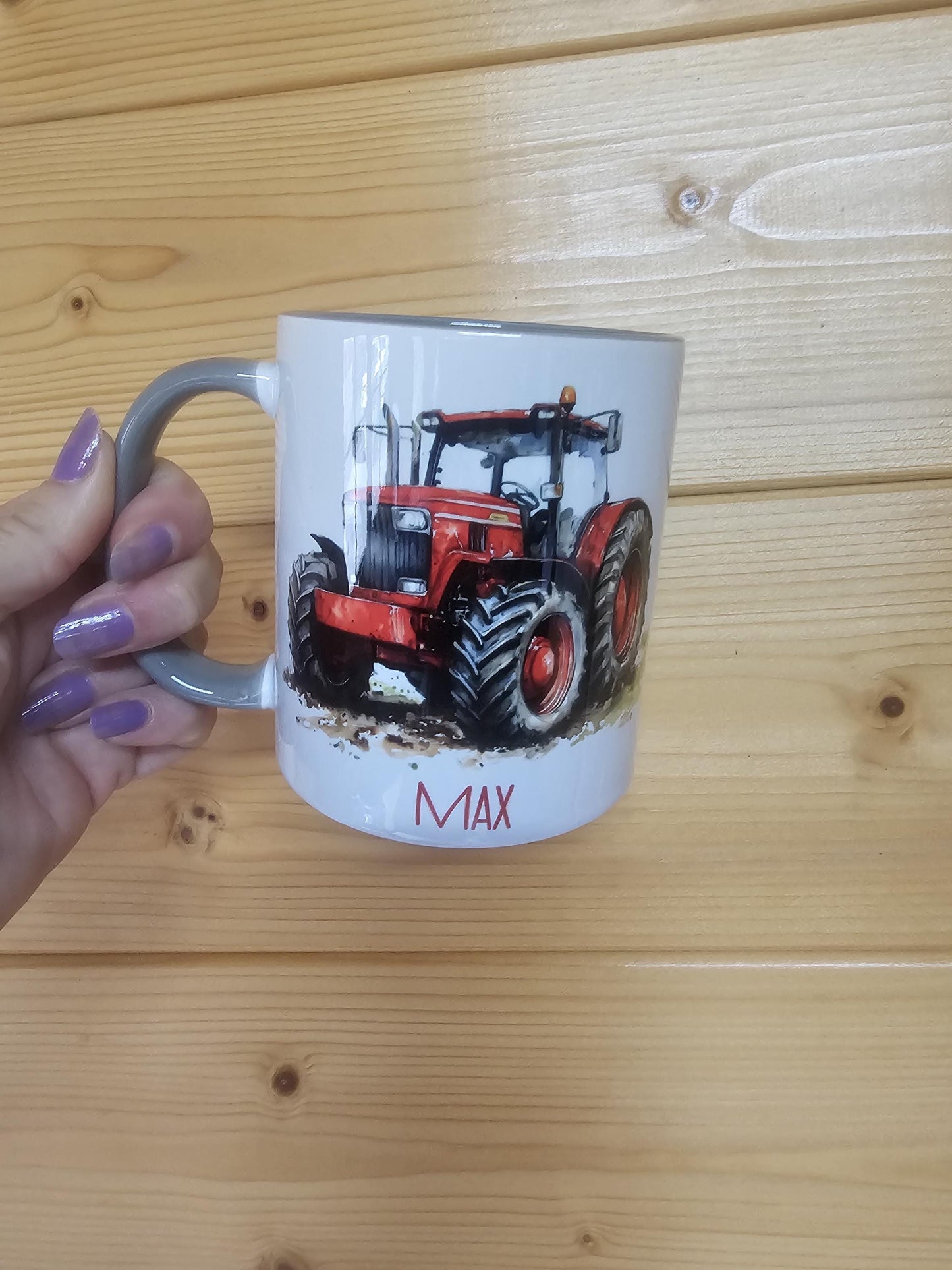 Personalised Red Tractor Mug & Coaster Set, Farmer Gift, Grey Mug