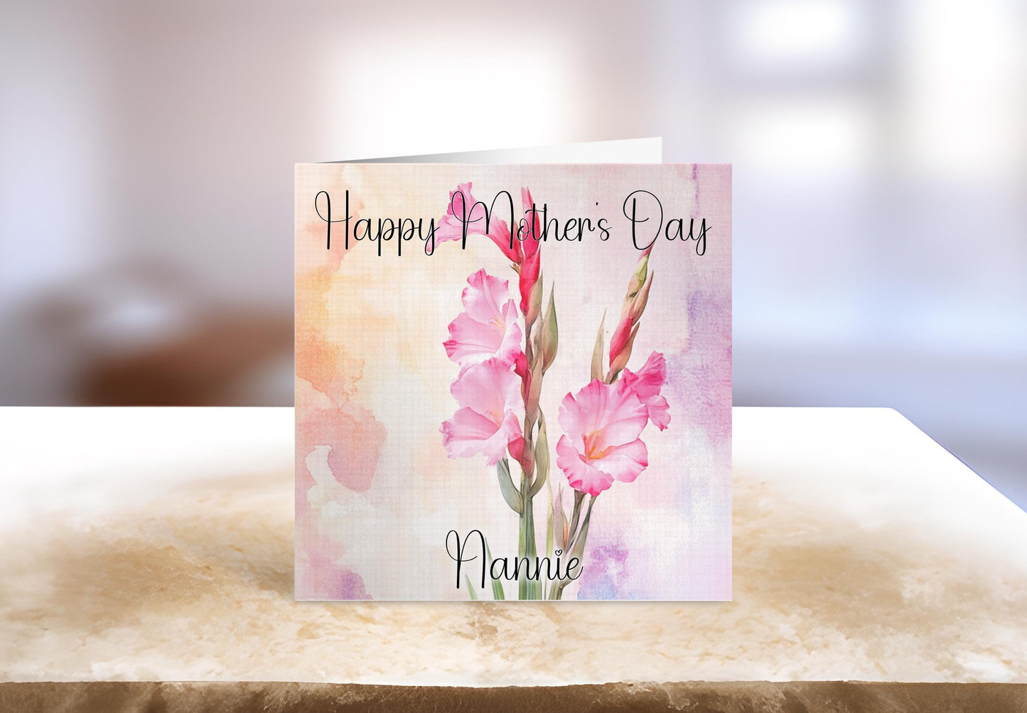 Pink Gladiolus Mother's Day Card, Personalised Mother's Day Card, Card For Mum Granny Nan Who Loves Gladiolus Flowers