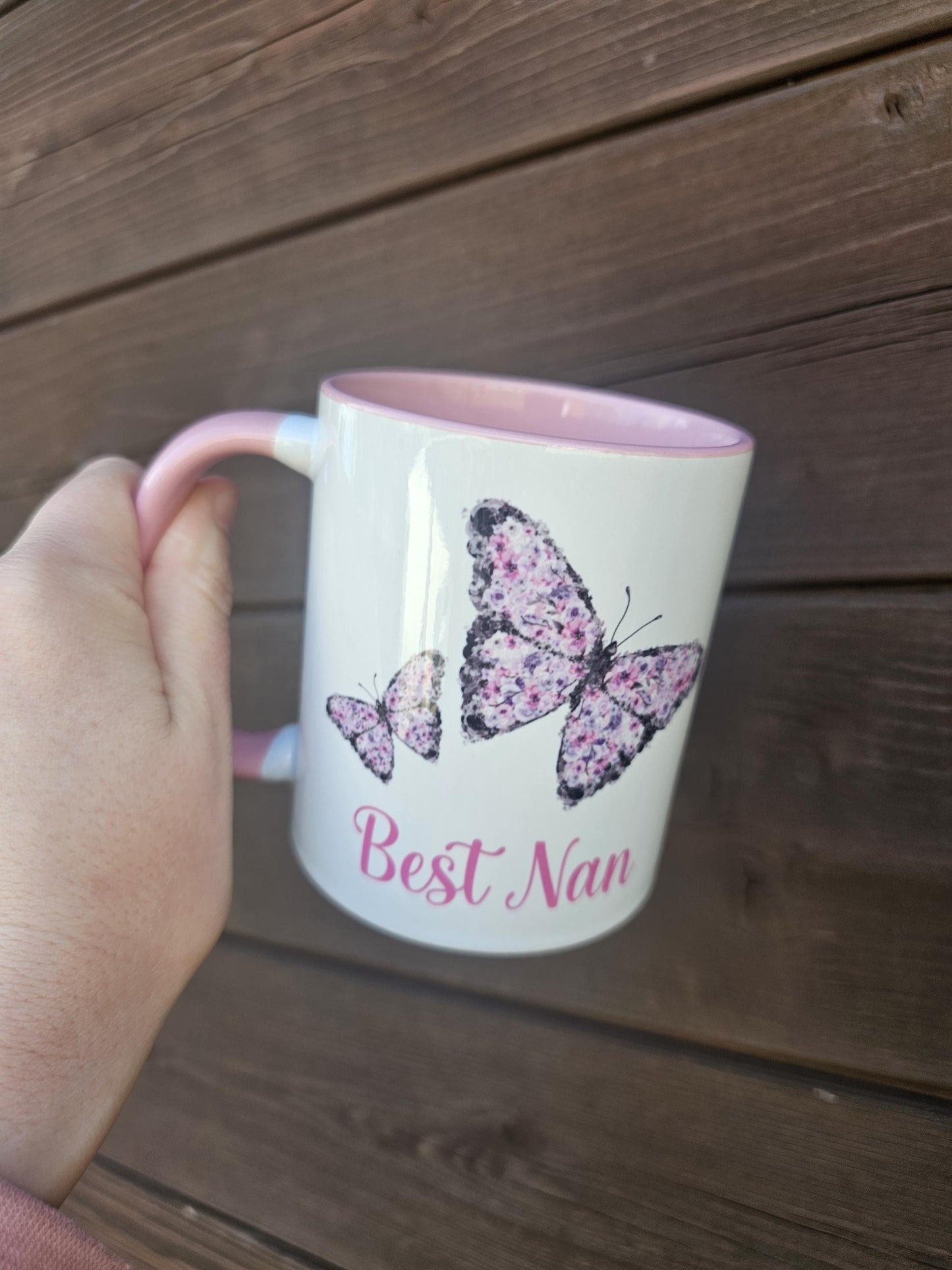 Pink Butterfly Mug & Coaster, Personalised BirthdayAnniversary Gift, Gift For Mum Nan Wife Girlfriend, Floral Butterfly