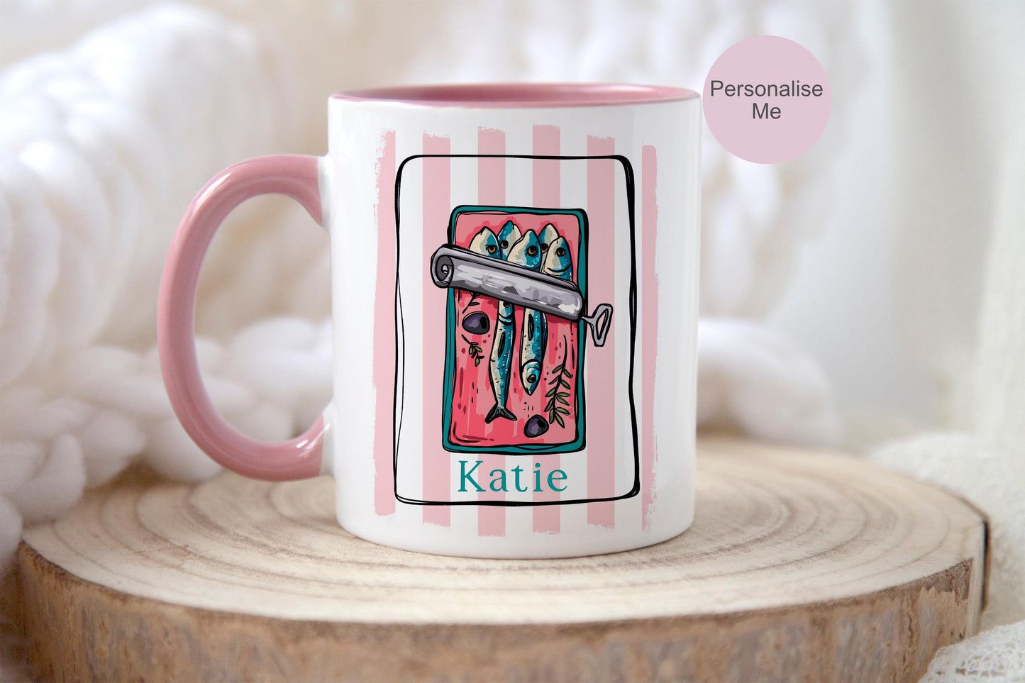 Personalised Pink Sardine Mug & Coaster: Tinned Fish Gift