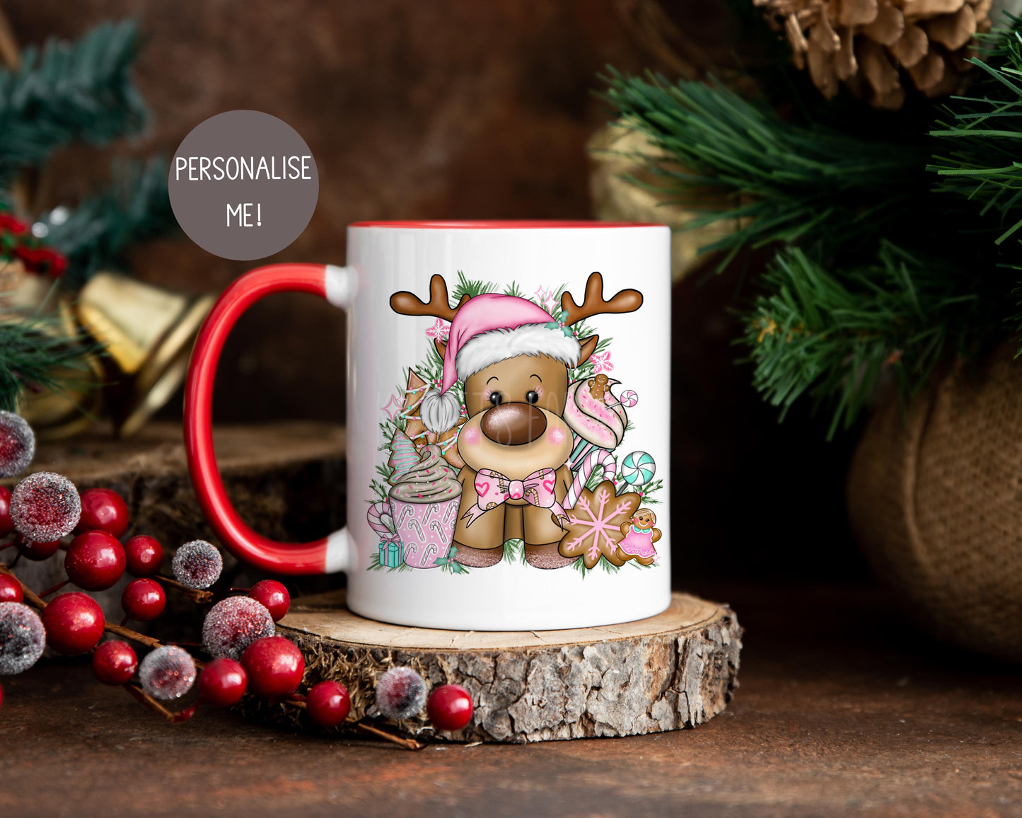 Personalised Christmas Mug, Pink Xmas Reindeer, Christmas Cocoa Mug