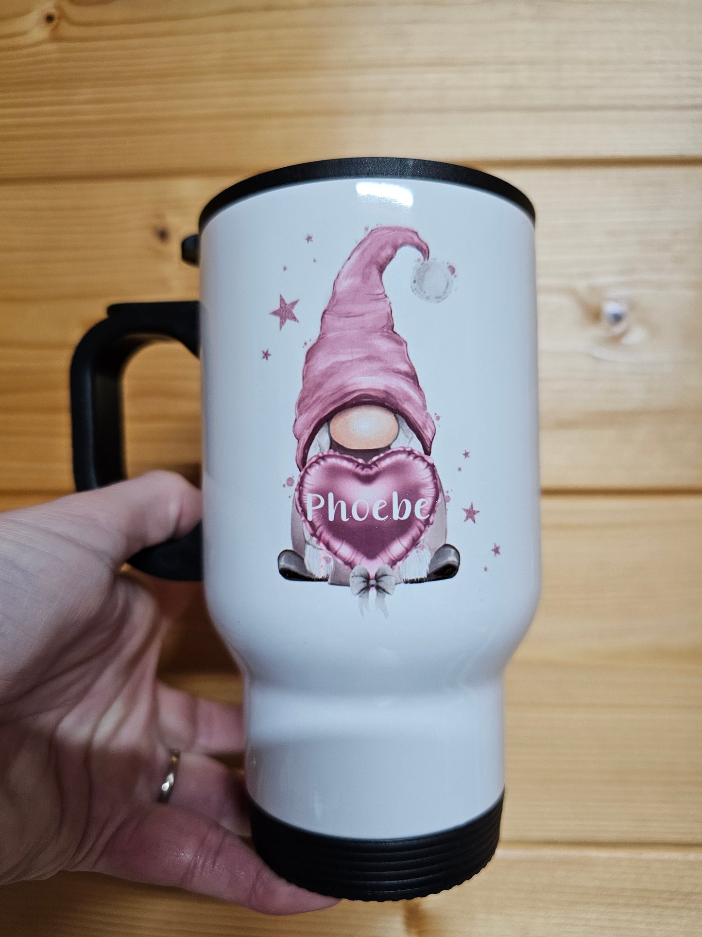 Pink Gonk Travel Mug, Personalised Hot Drink Cup, Female Travel Mug