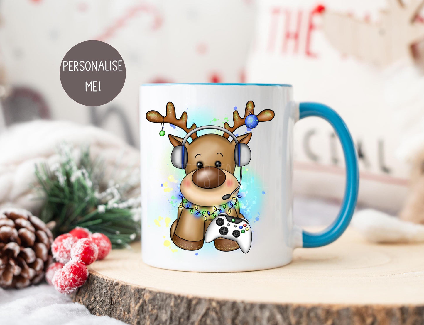 Blue Christmas Reindeer Mug, Personalised Children's Christmas Eve Mug, Gaming Mug
