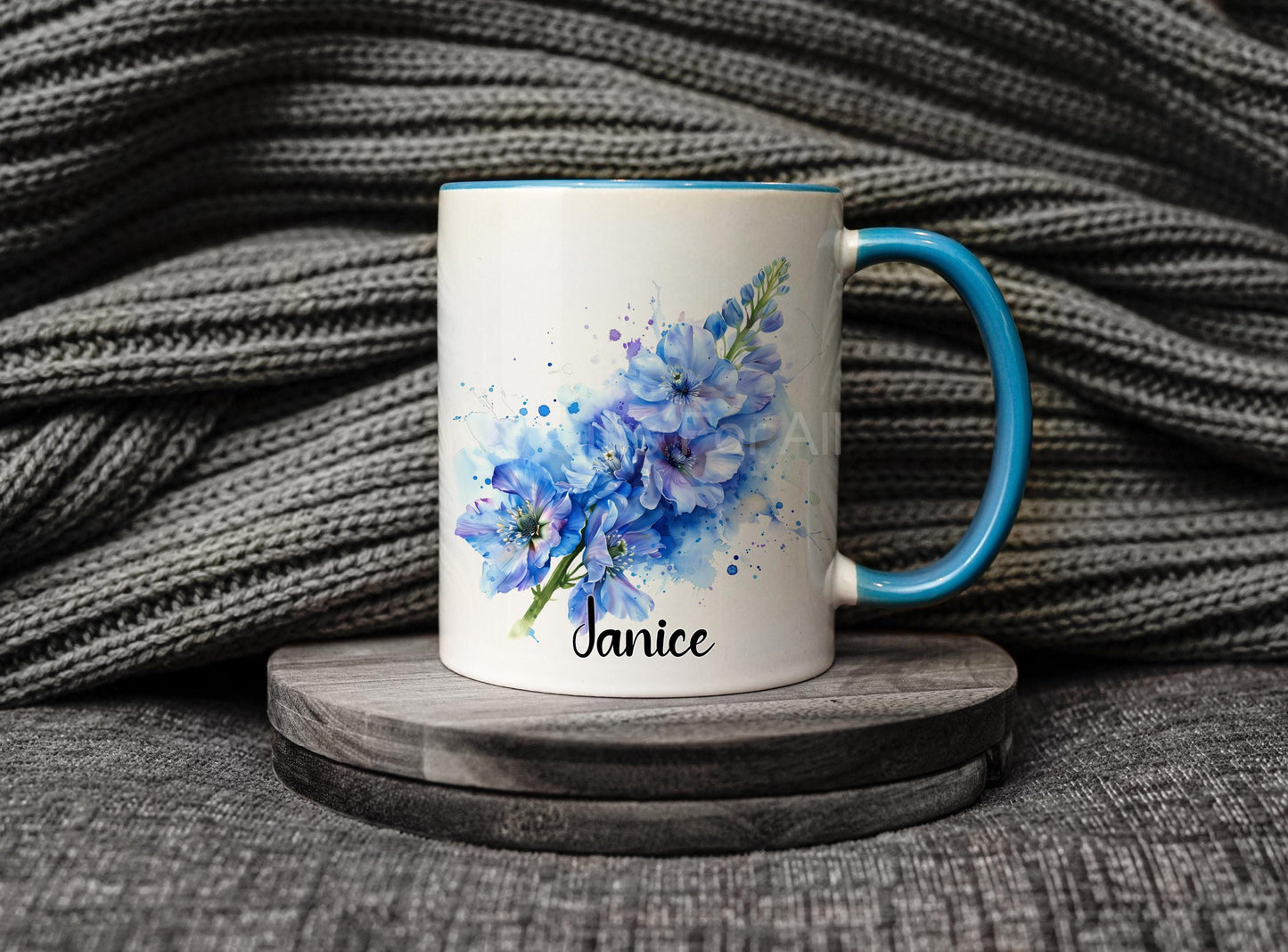 Personalised Delphinium Mug & Coaster For Friend Or Wife Birthday, Delphinium Flower Lover Gifts
