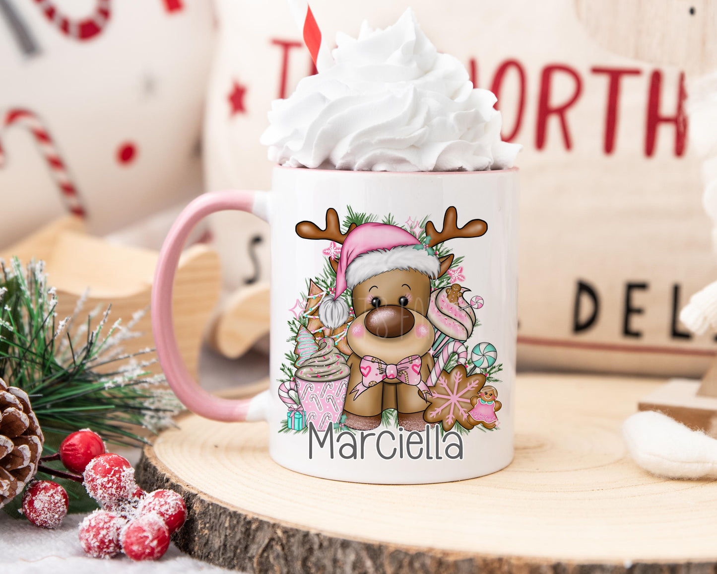 Personalised Pink Reindeer Cocoa Mug, Girls Christmas Mugs, Hot Chocolate Cocoa Cup